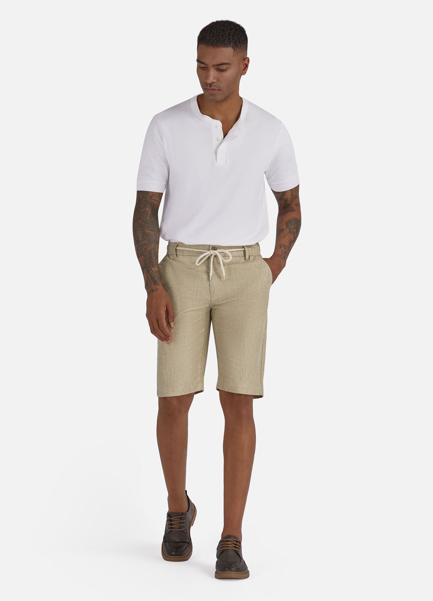 1PA1 Men's Cotton Linen Flat Front Shorts Drawstring Elastic Waist Beach Shorts