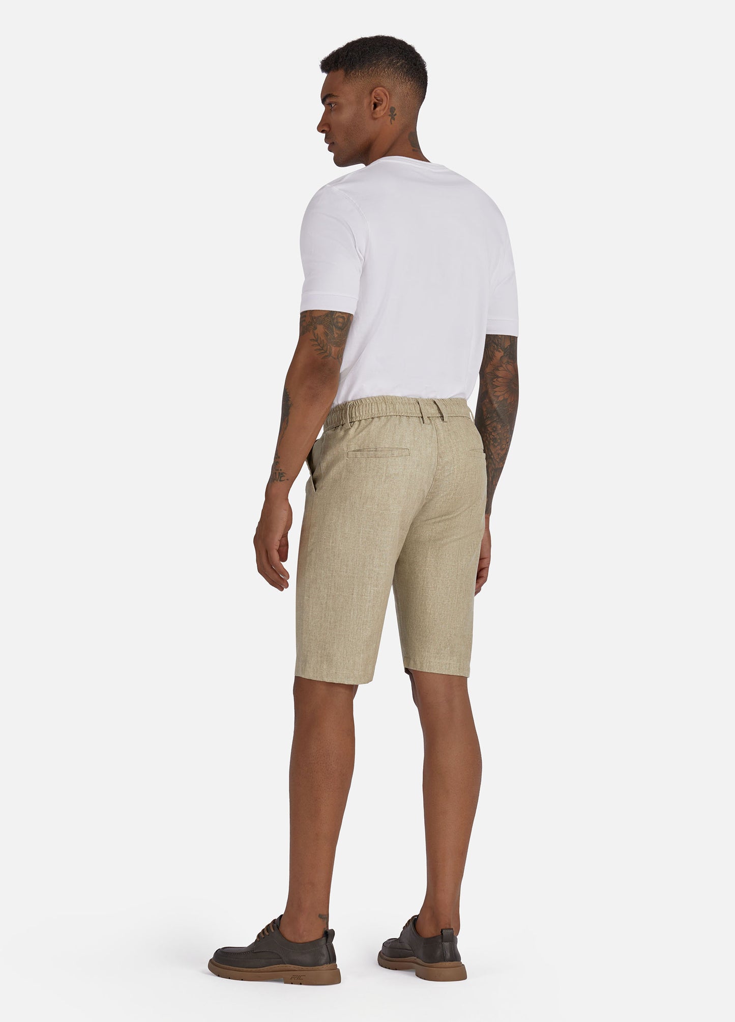 1PA1 Men's Cotton Linen Flat Front Shorts Drawstring Elastic Waist Beach Shorts