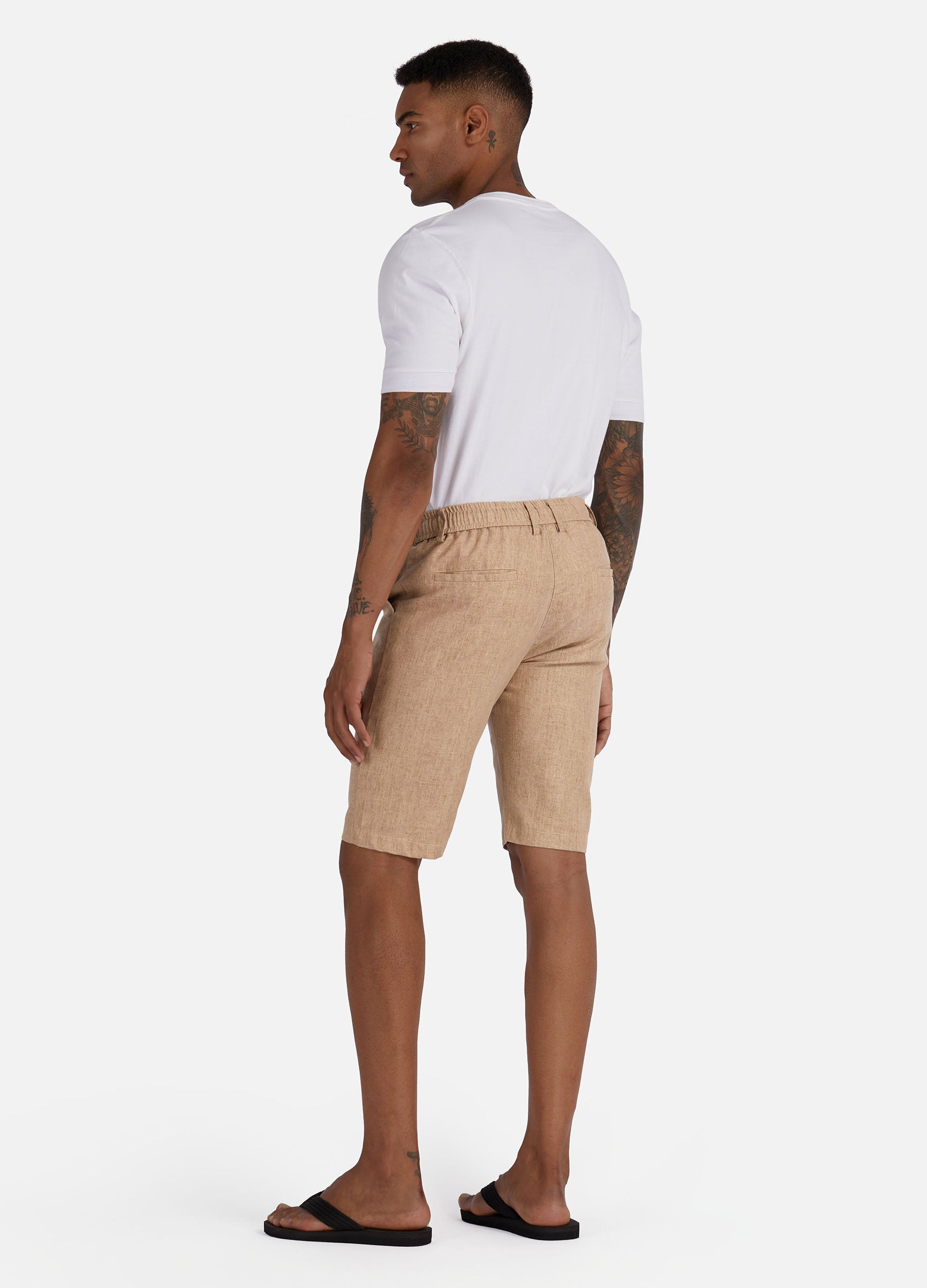 1PA1 Men's Cotton Linen Flat Front Shorts Drawstring Elastic Waist Beach Shorts(Clearance)