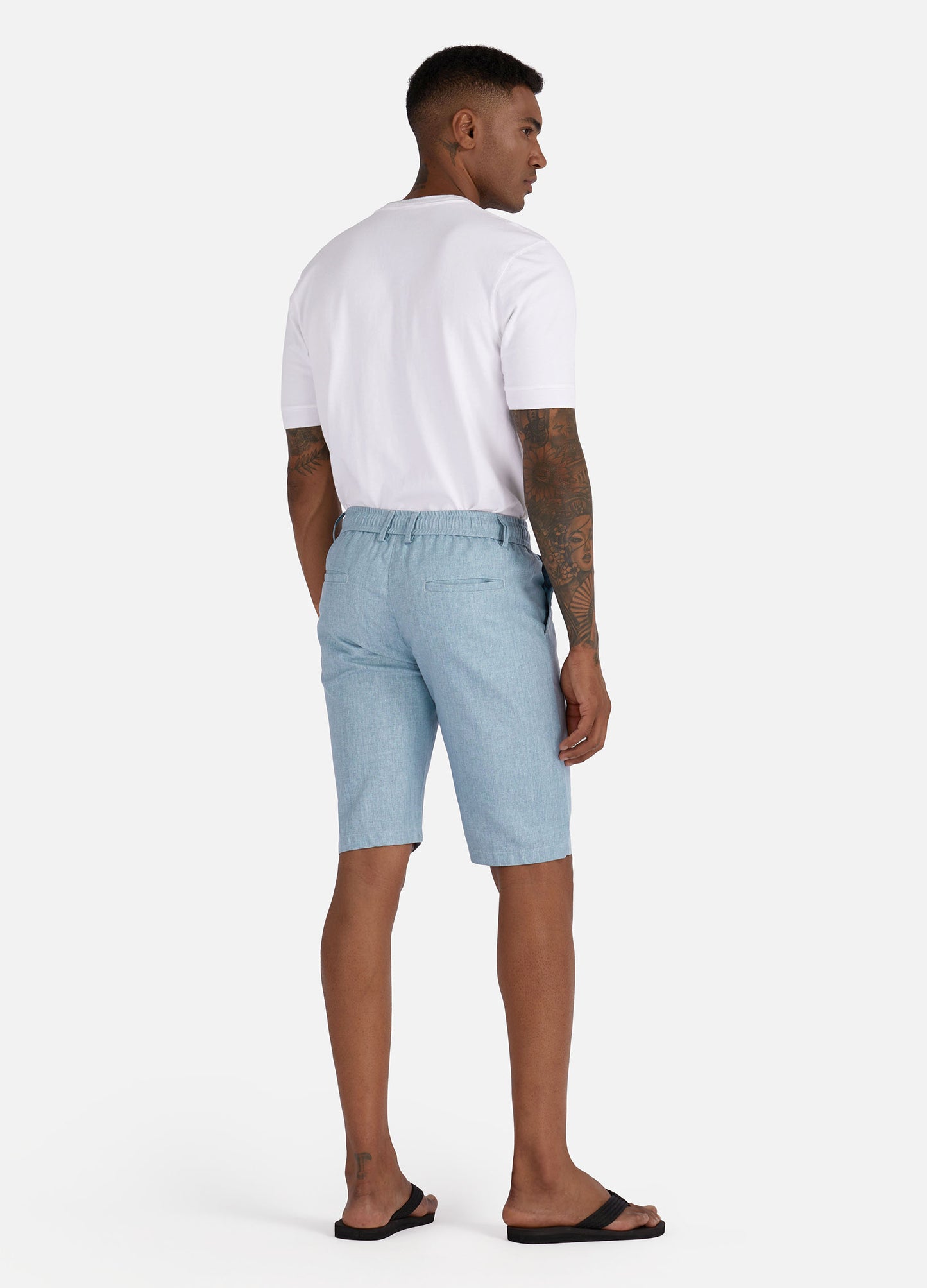 1PA1 Men's Cotton Linen Flat Front Shorts Drawstring Elastic Waist Beach Shorts