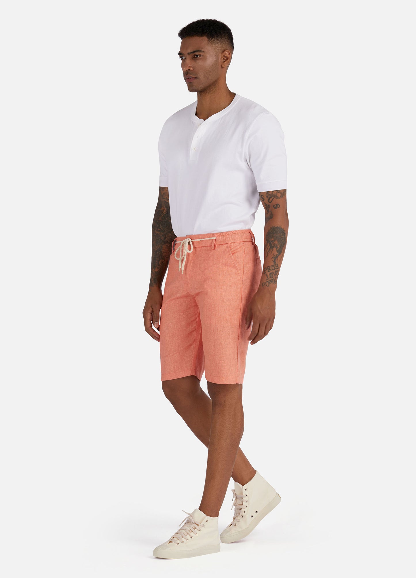 1PA1 Men's Cotton Linen Flat Front Shorts Drawstring Elastic Waist Beach Shorts