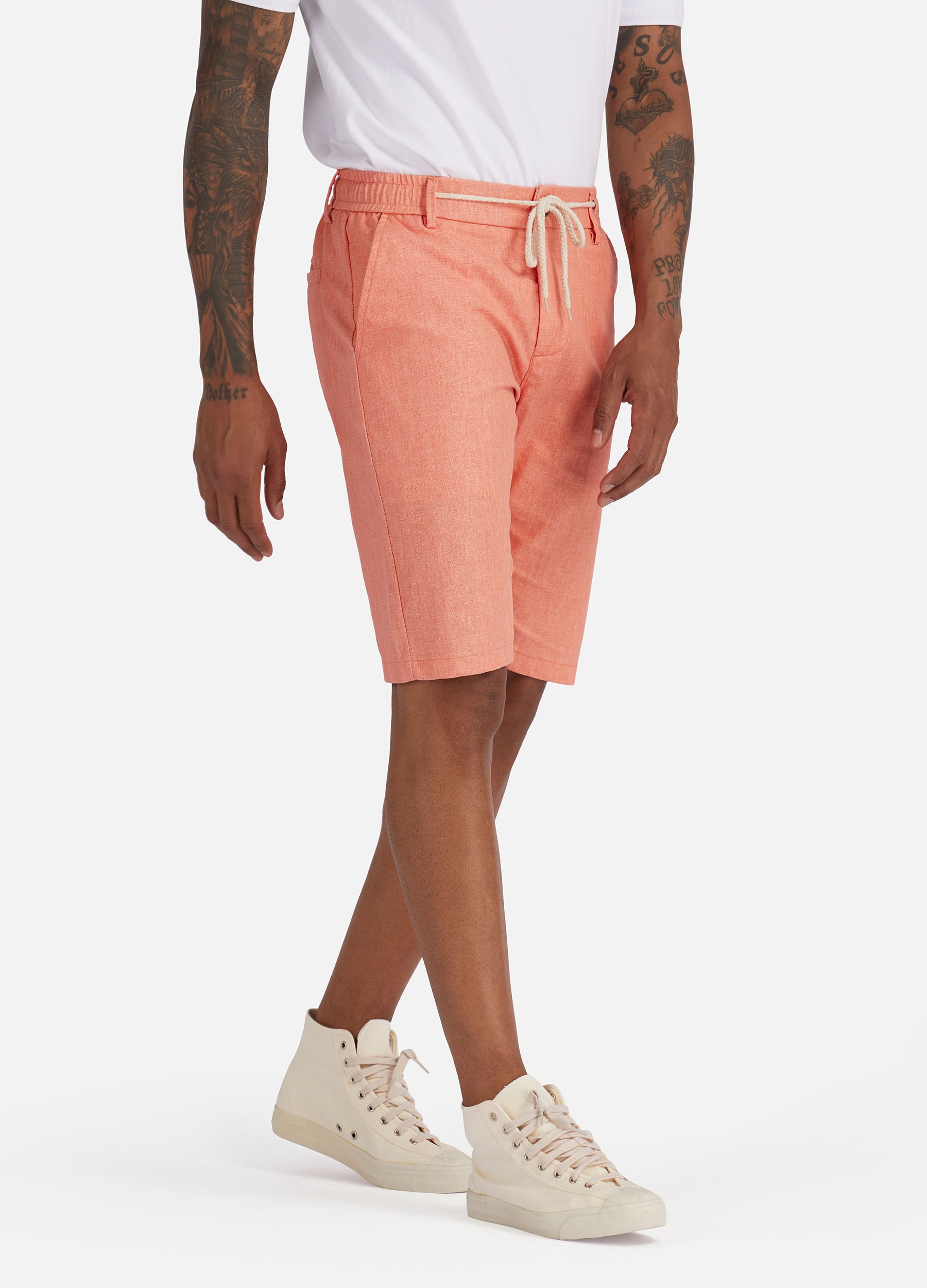 1PA1 Men's Cotton Linen Flat Front Shorts Drawstring Elastic Waist Beach Shorts(Clearance)