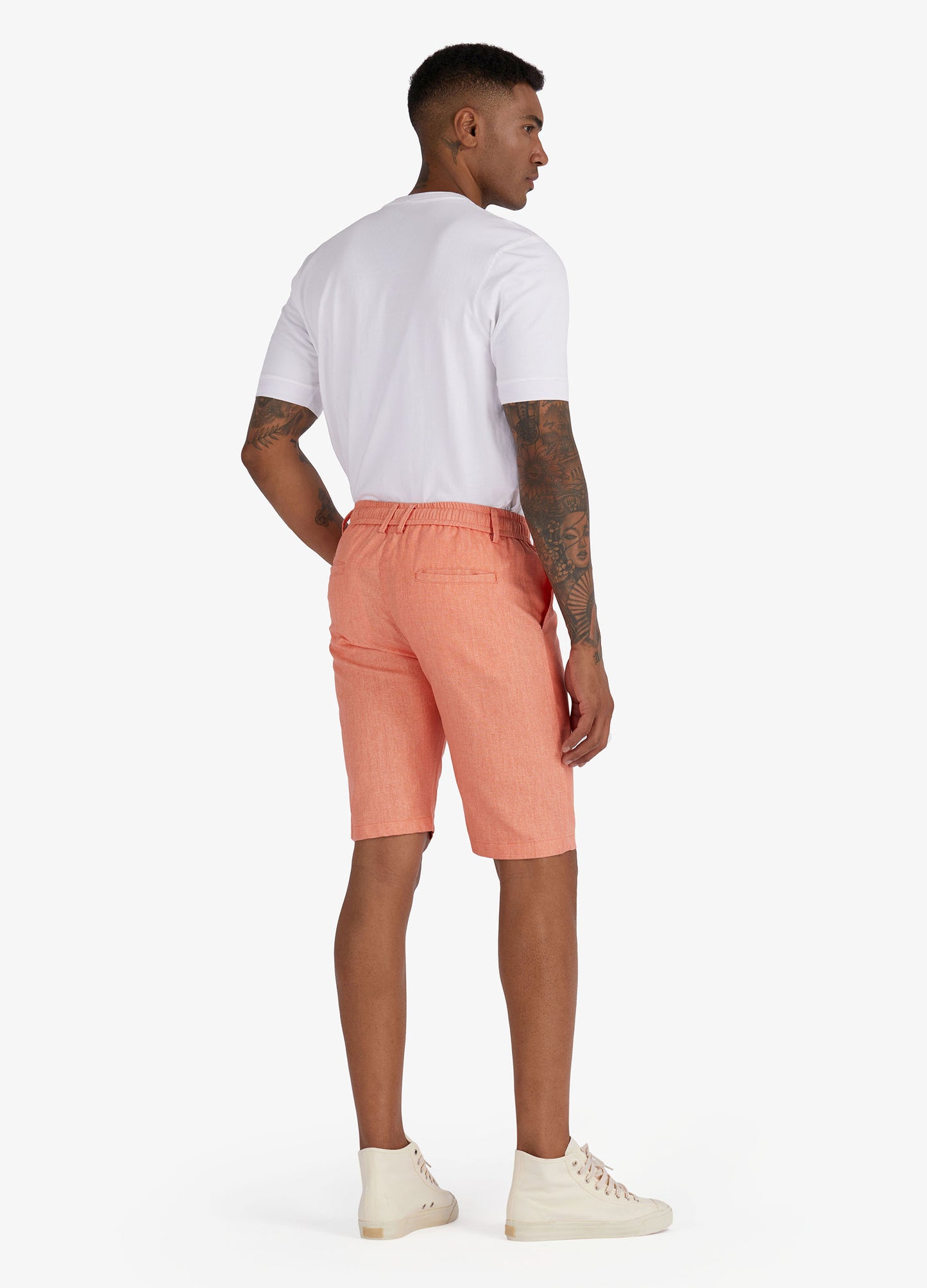 1PA1 Men's Cotton Linen Flat Front Shorts Drawstring Elastic Waist Beach Shorts