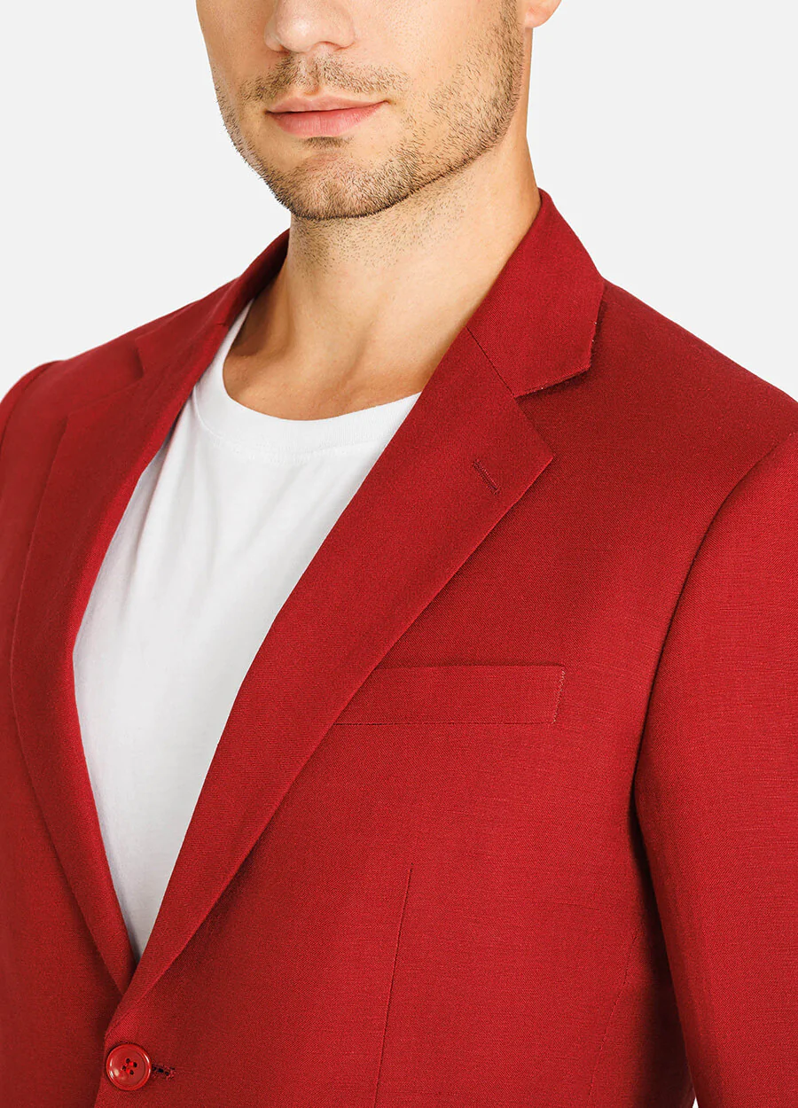 1PA1 Men's 100% Linen Lapel Two-Button Red Blazer