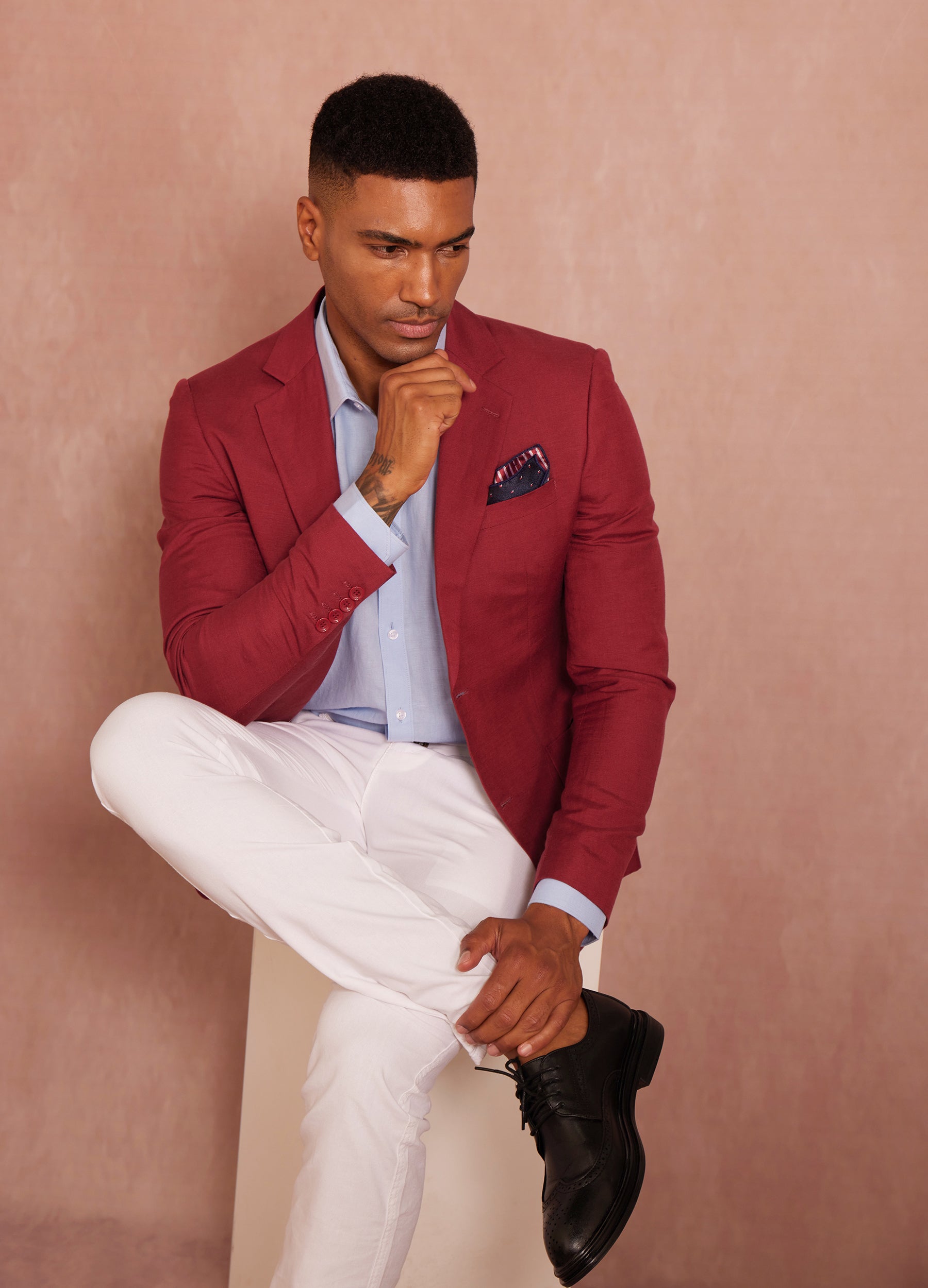 1PA1 Men's Linen Blend Lapel Two-Button Red Blazer