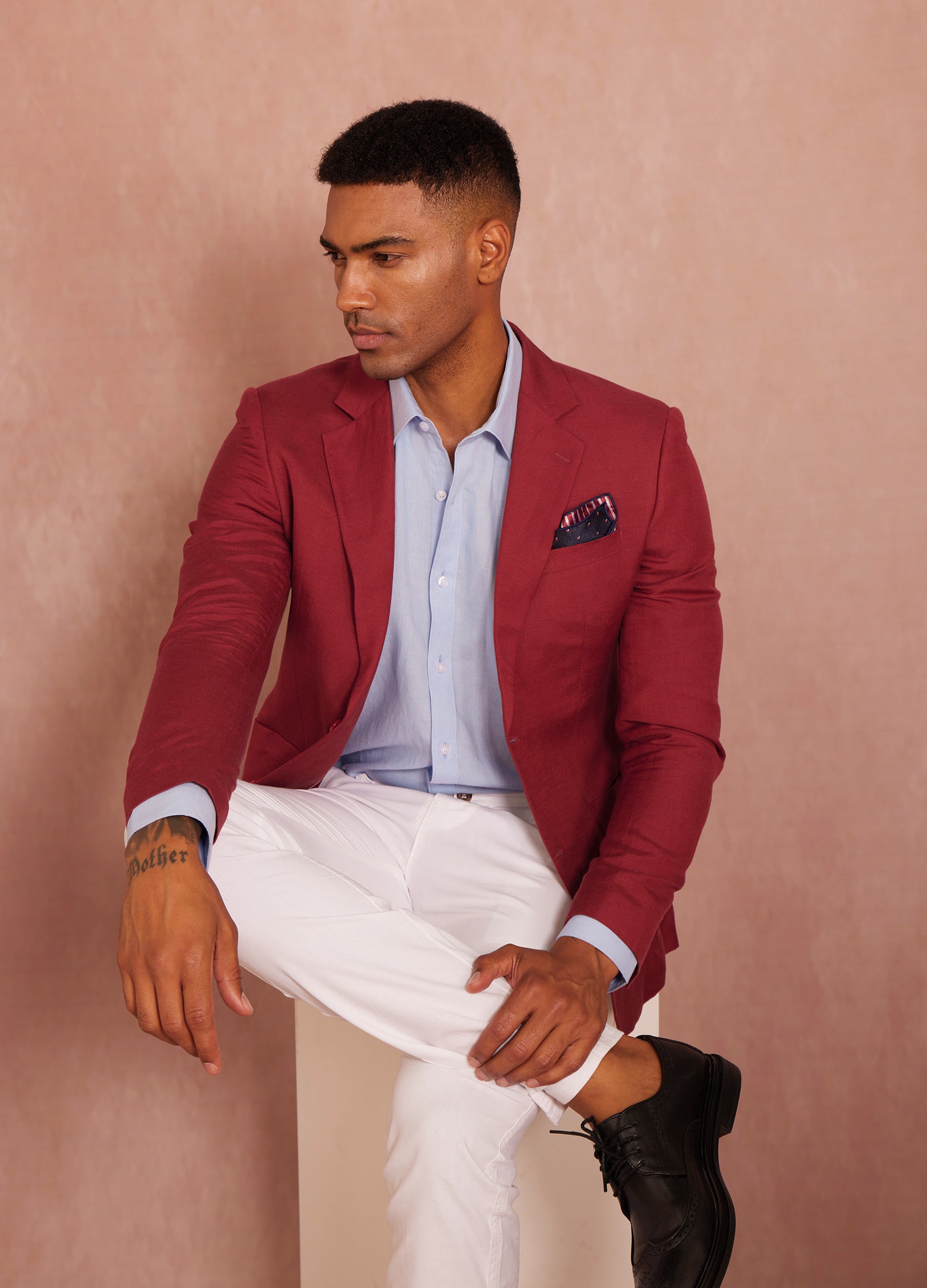 1PA1 Men's Linen Blend Lapel Two-Button Red Blazer