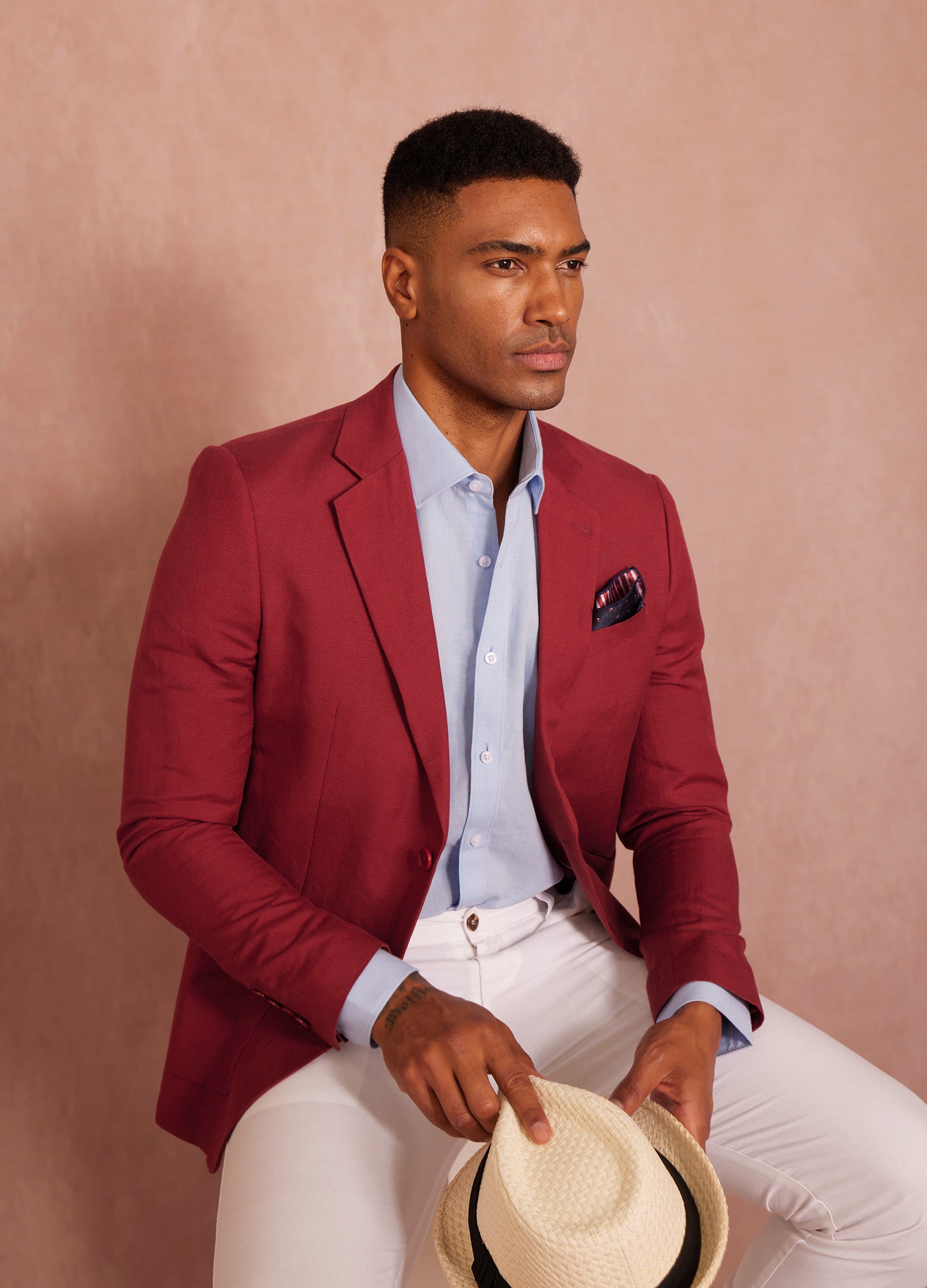 1PA1 Men's Linen Blend Lapel Two-Button Red Blazer