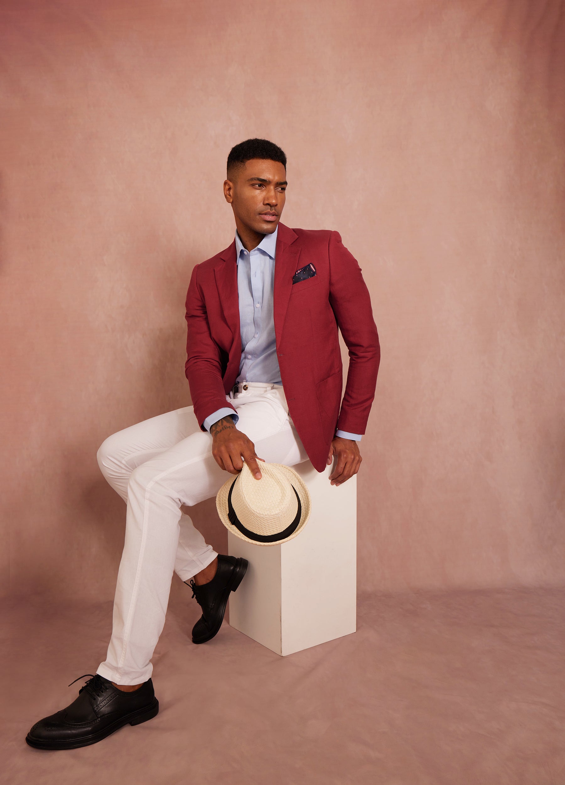 1PA1 Men's Linen Blend Lapel Two-Button Red Blazer