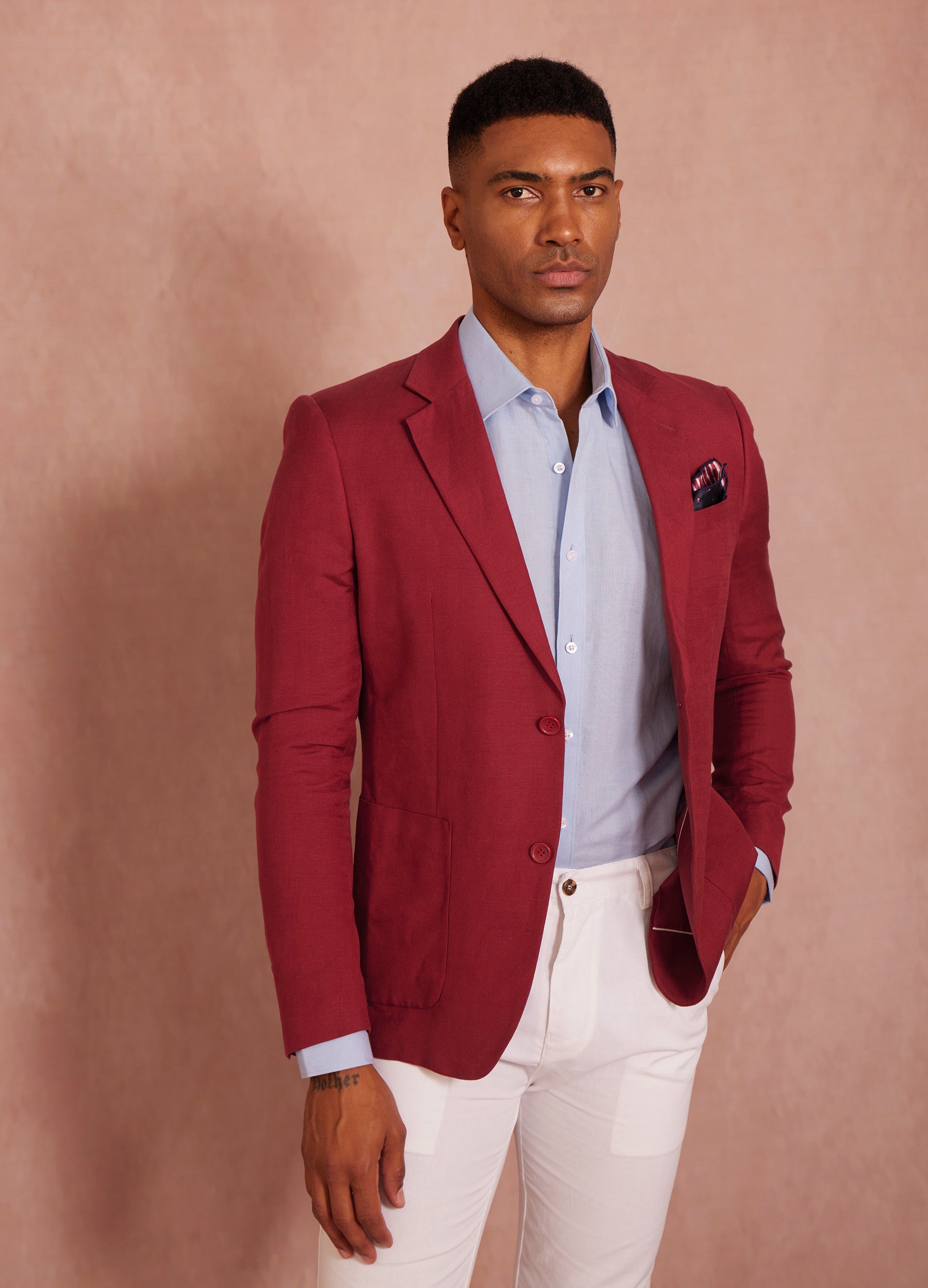 1PA1 Men's Linen Blend Lapel Two-Button Red Blazer