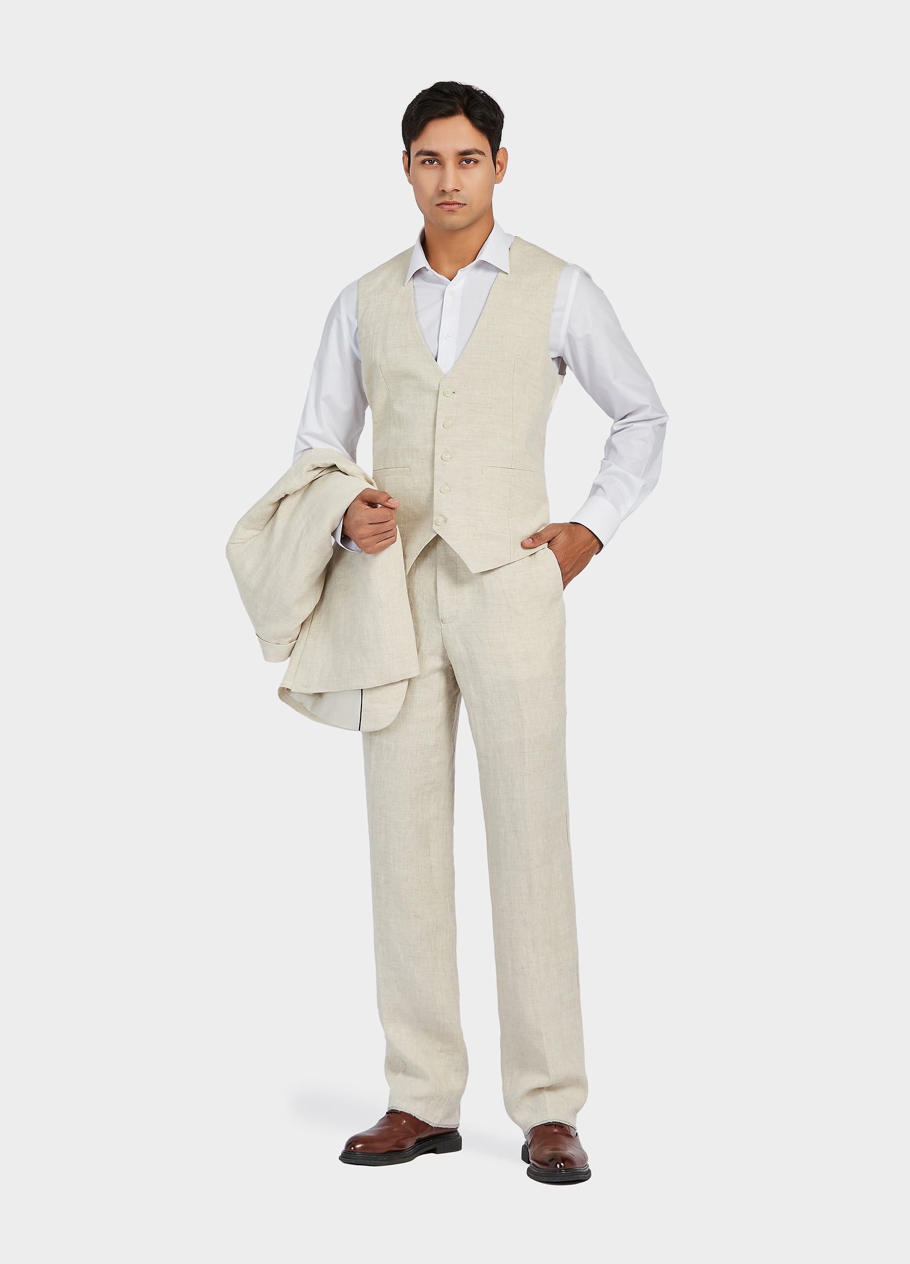 1PA1 Men's 3 Pieces 100% Linen Slim Fit Vested Suit, Wedding Tuxedo - Two Button Jacket, Vest & Pants