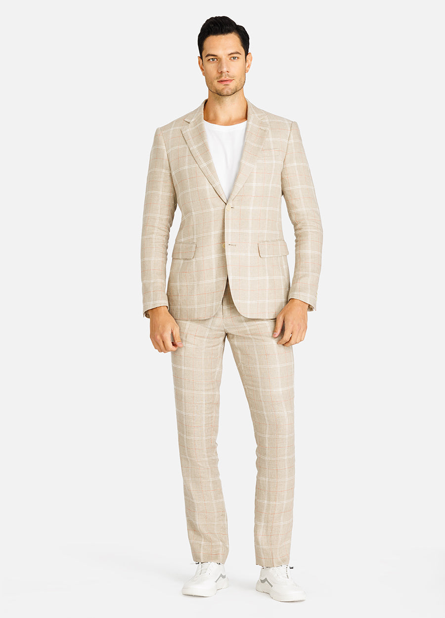 khaki plaid linen suit for men