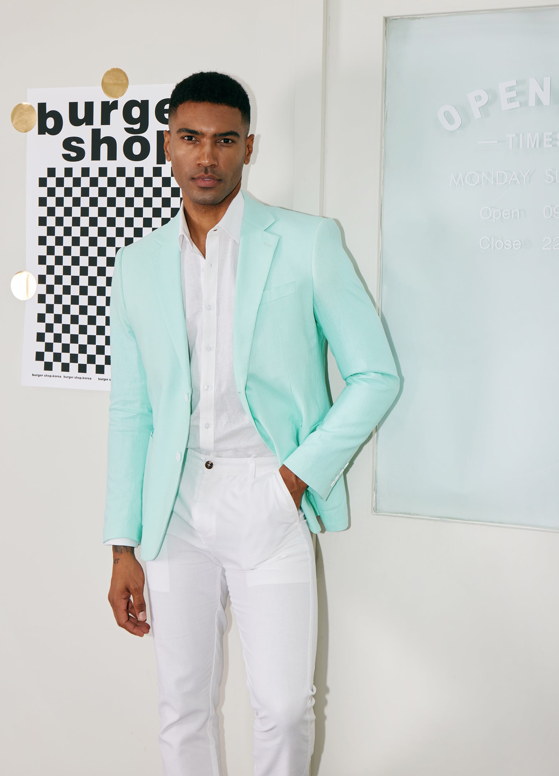 1PA1 Men's 100% Linen Plain Lapel Two Buttons Suit Blazer