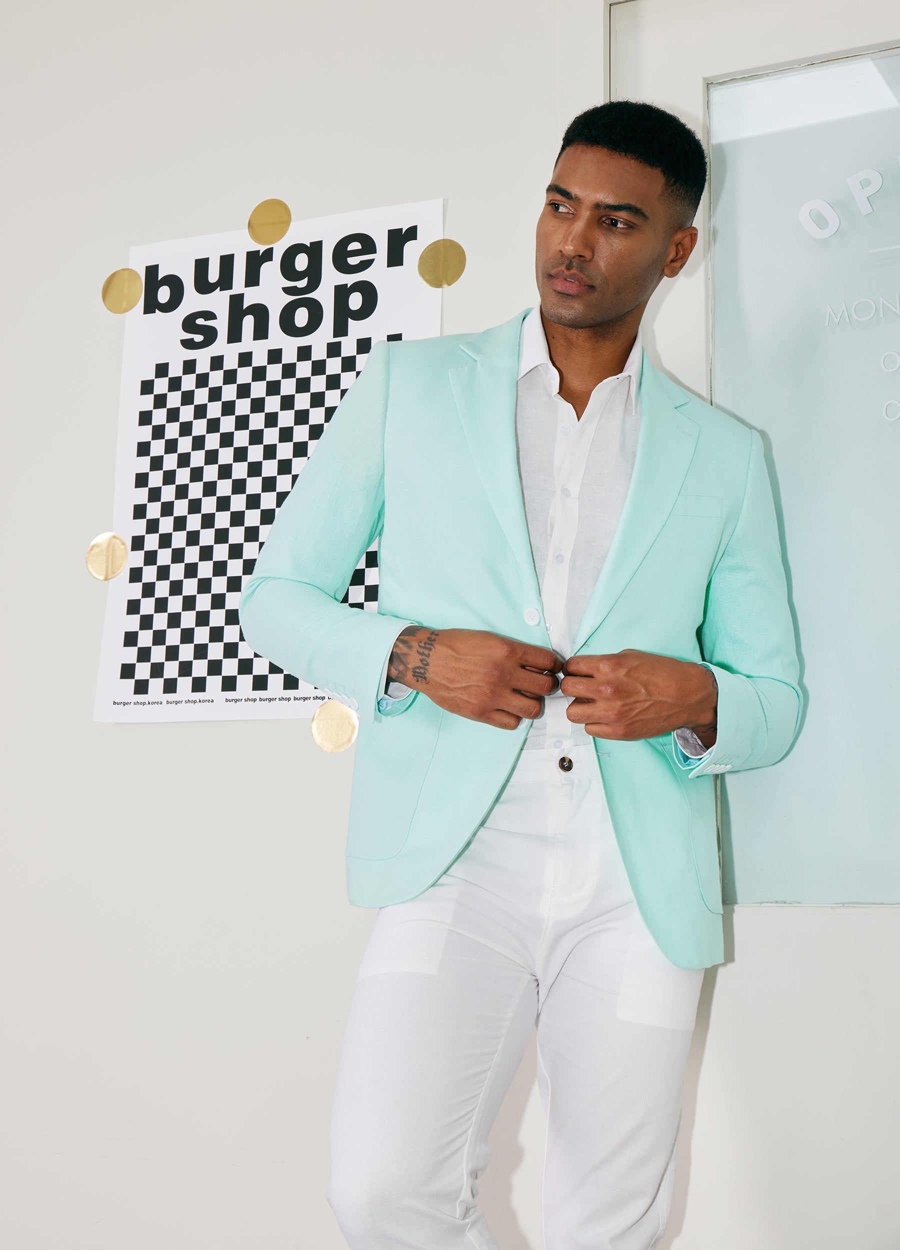 1PA1 Men's Linen Cotton Plain Lapel Two Buttons Suit Blazer