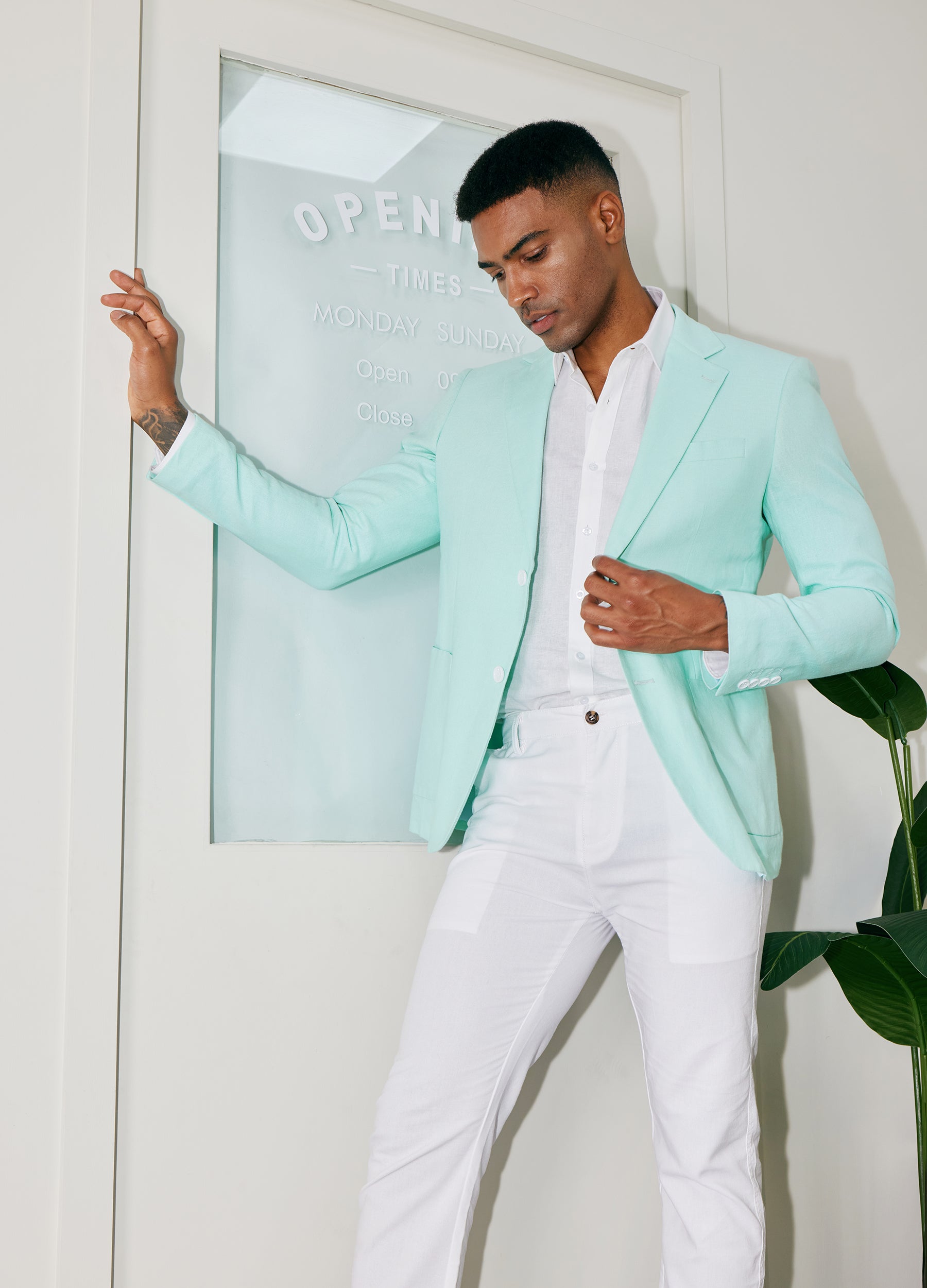 1PA1 Men's Linen Cotton Plain Lapel Two Buttons Suit Blazer