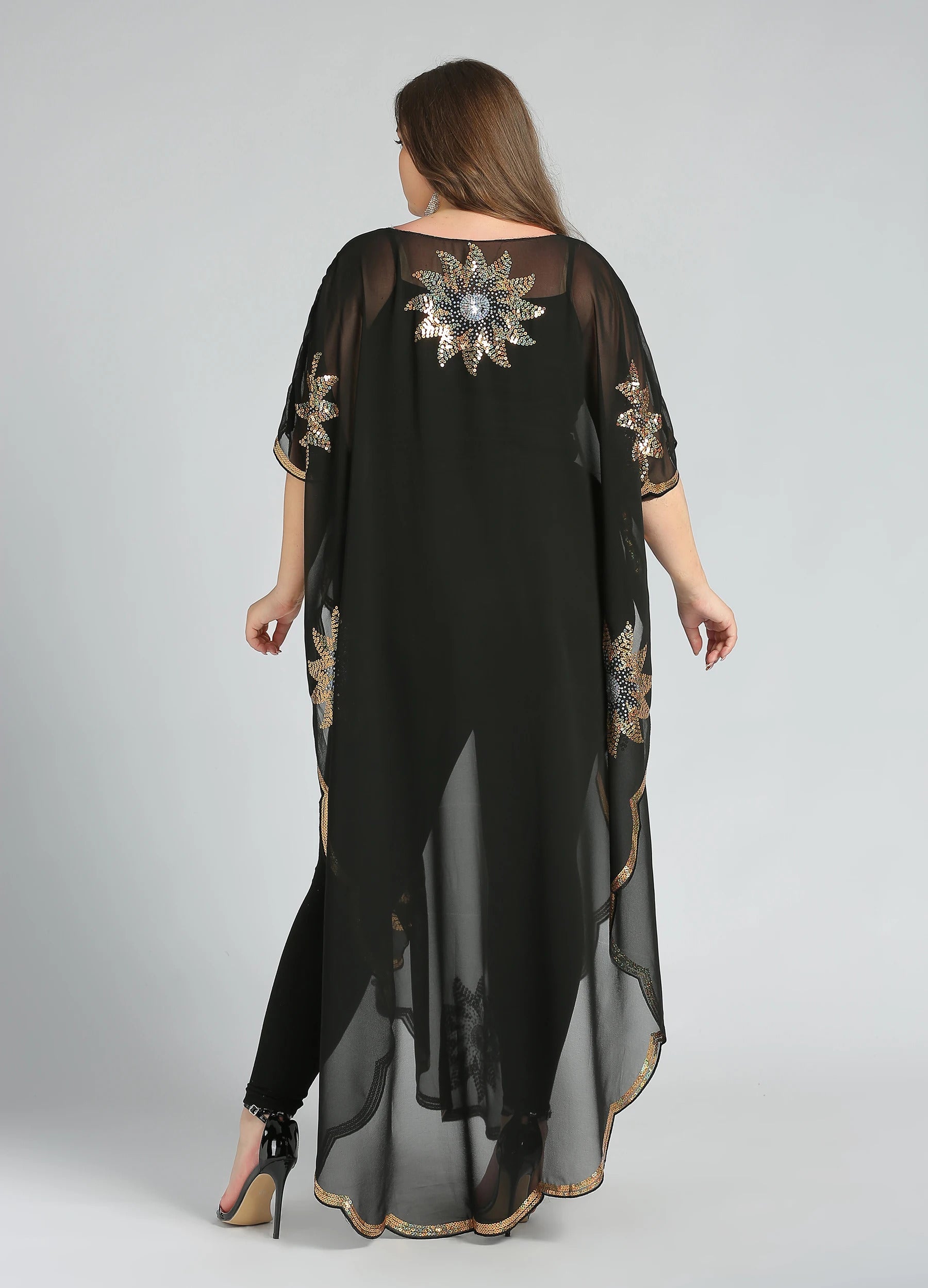 MECALA-Women's Round Neck Half Sleeve Floral Sequin Glitter Kaftan-Black back view