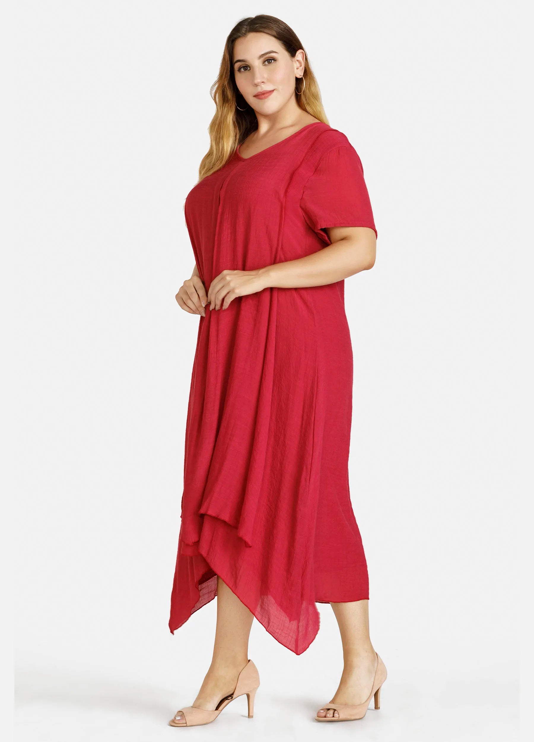 MECALA Women's Solid Short Sleeve Midi Dress-Red side view