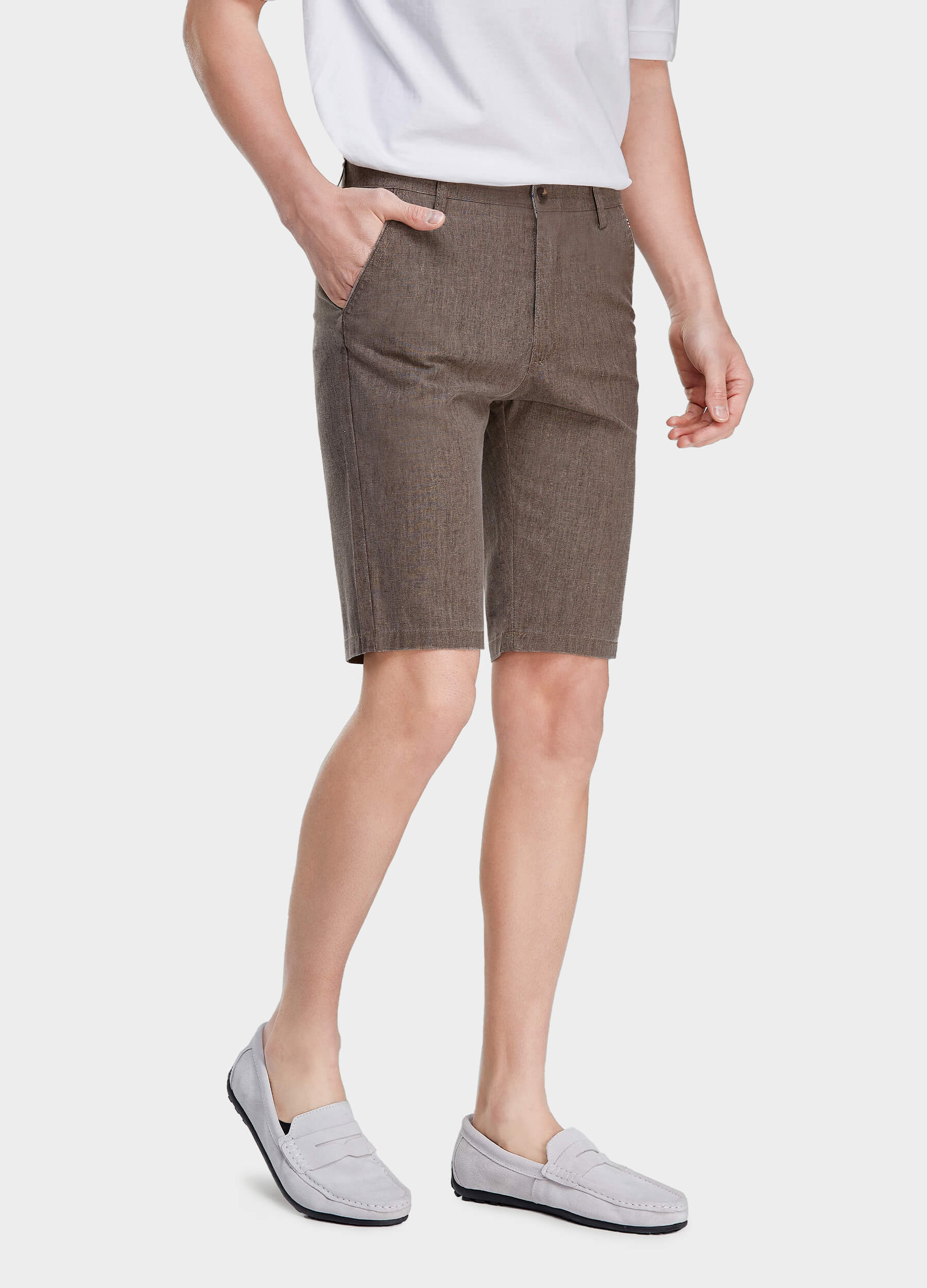 Men's Casual Solid Zipper Fly Button Walk Shorts with Slant Pockets-Brown