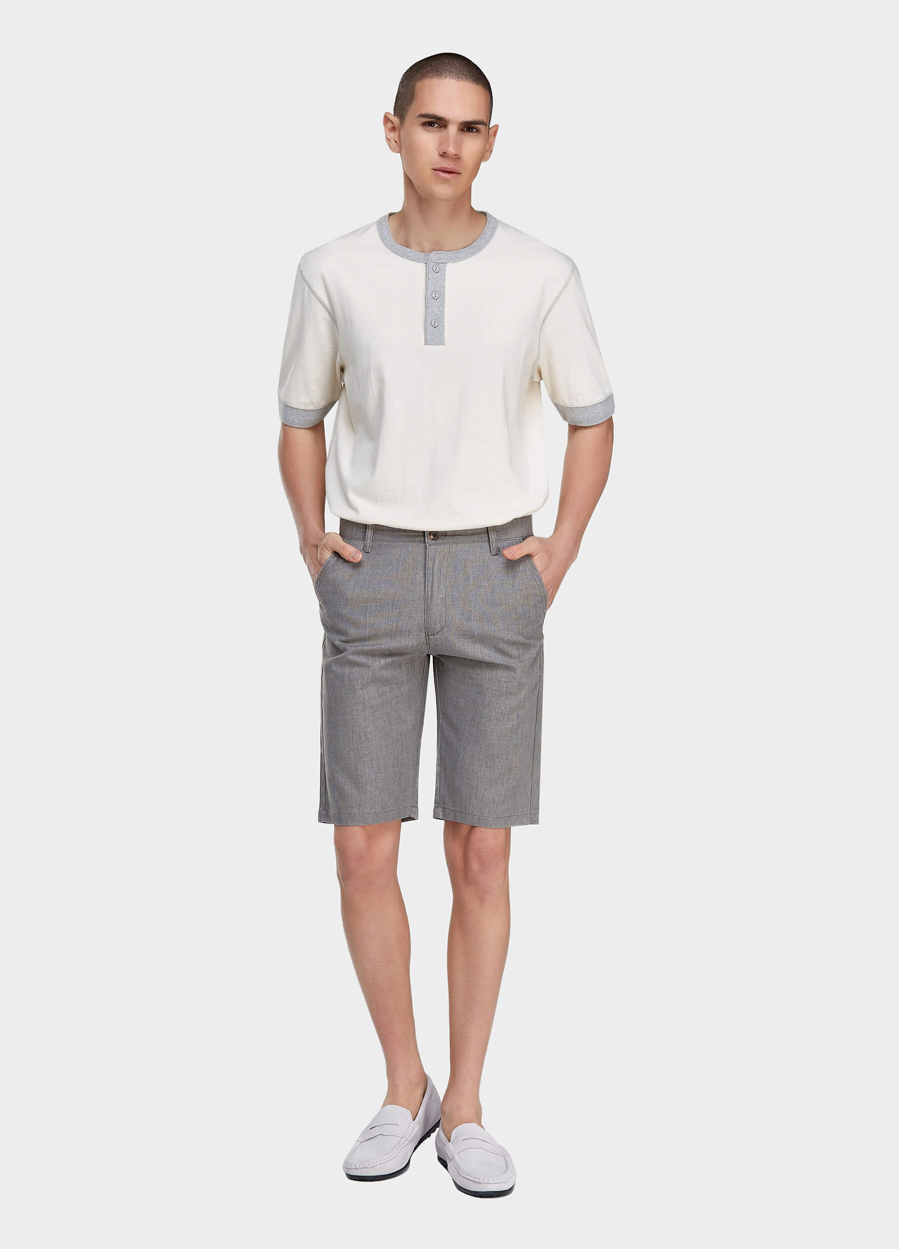 Men's Casual Solid Zipper Fly Button Walk Shorts with Slant Pockets-Grey main view