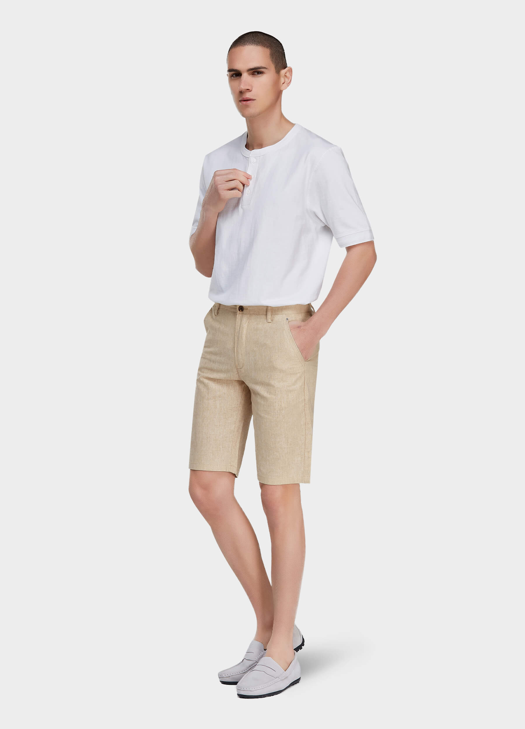Men's Casual Solid Zipper Fly Button Walk Shorts with Slant Pockets-Beige side view