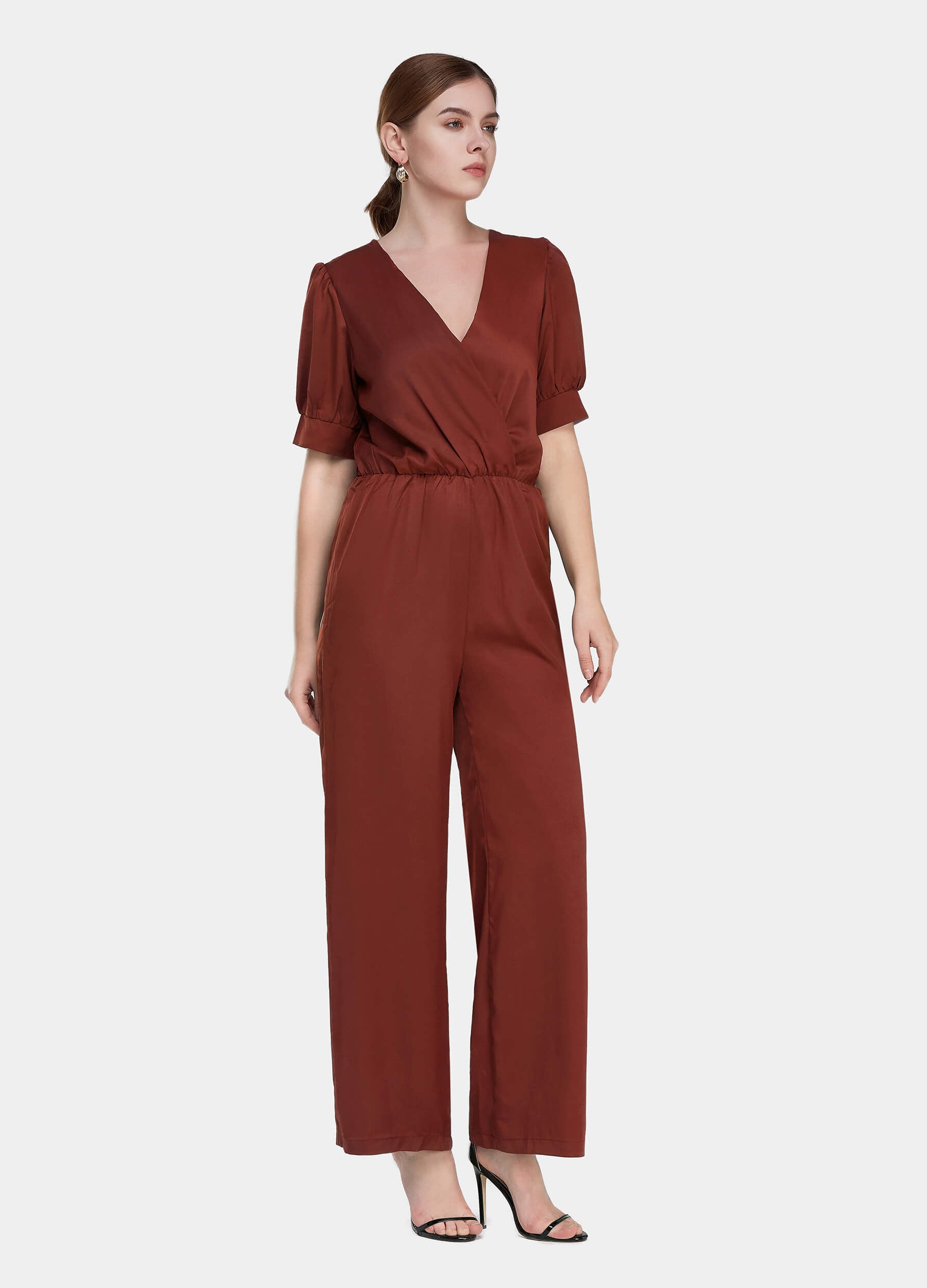 Women's Solid Shirred Waist Wide Leg Deep V-Neck Jumpsuit-Wine Red main view