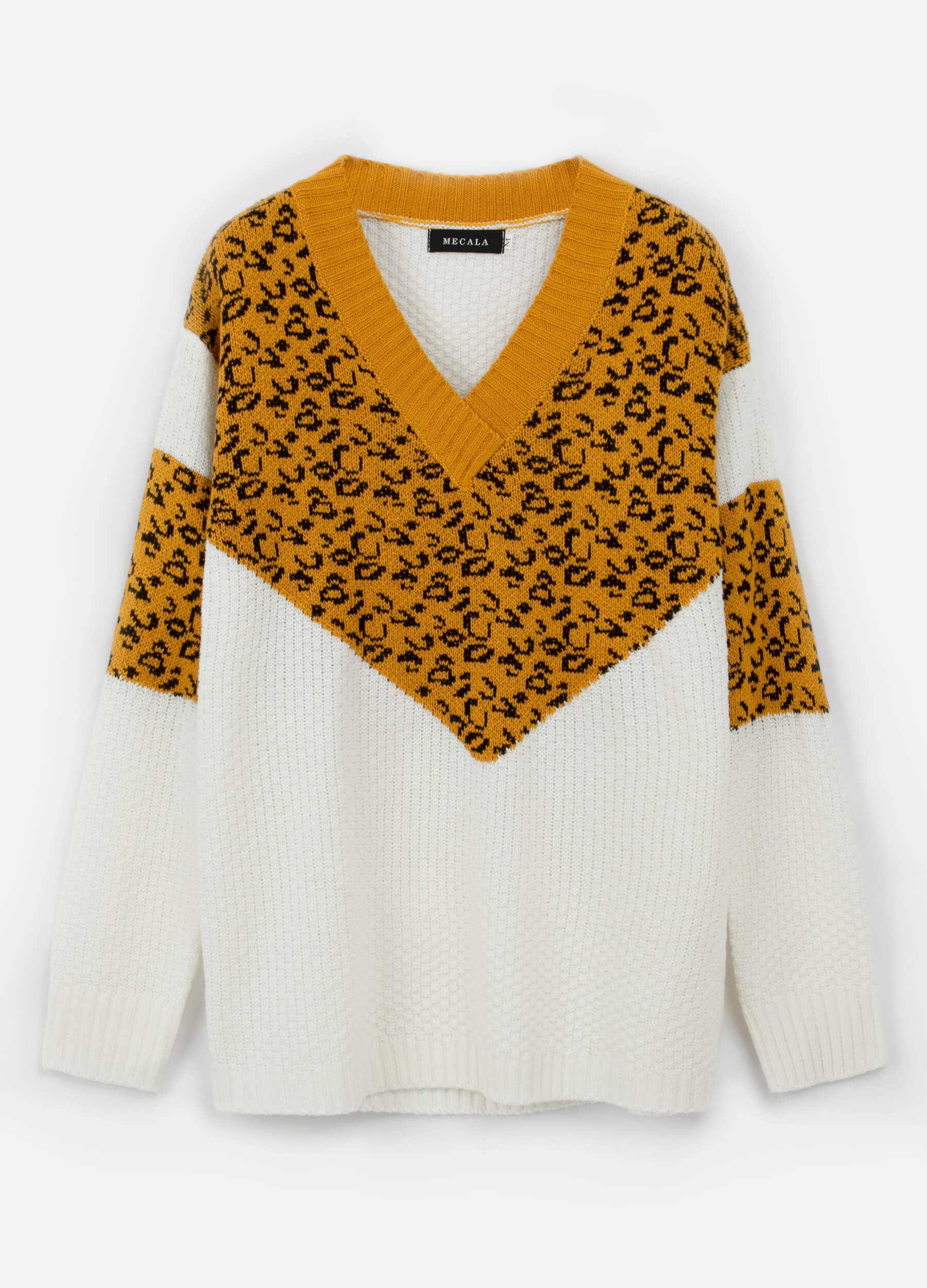 Women's V-Neck Leopard Print Long Sleeve Sweater-Ginger main view
