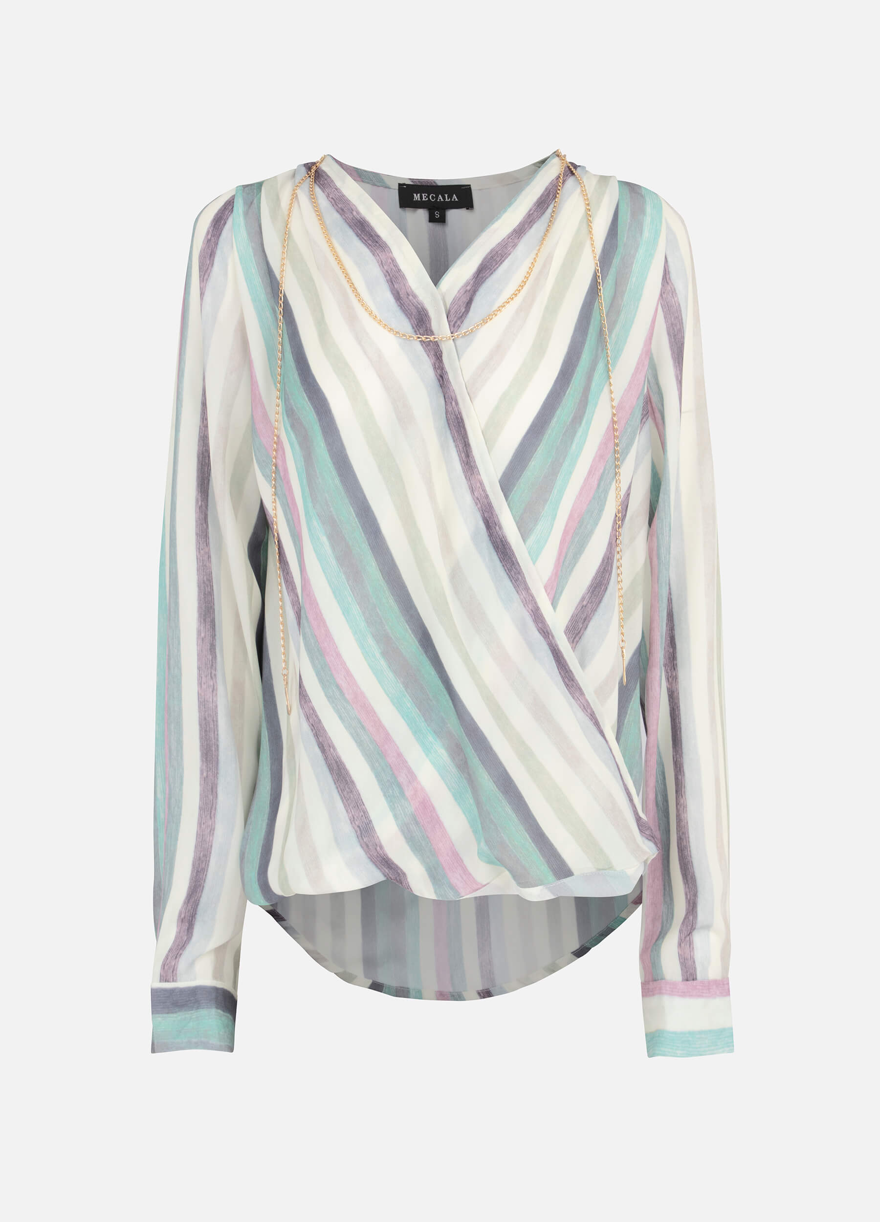 MECALA Women's Vertical Stripe Warp Long Sleeve Top With Necklace-Green main view