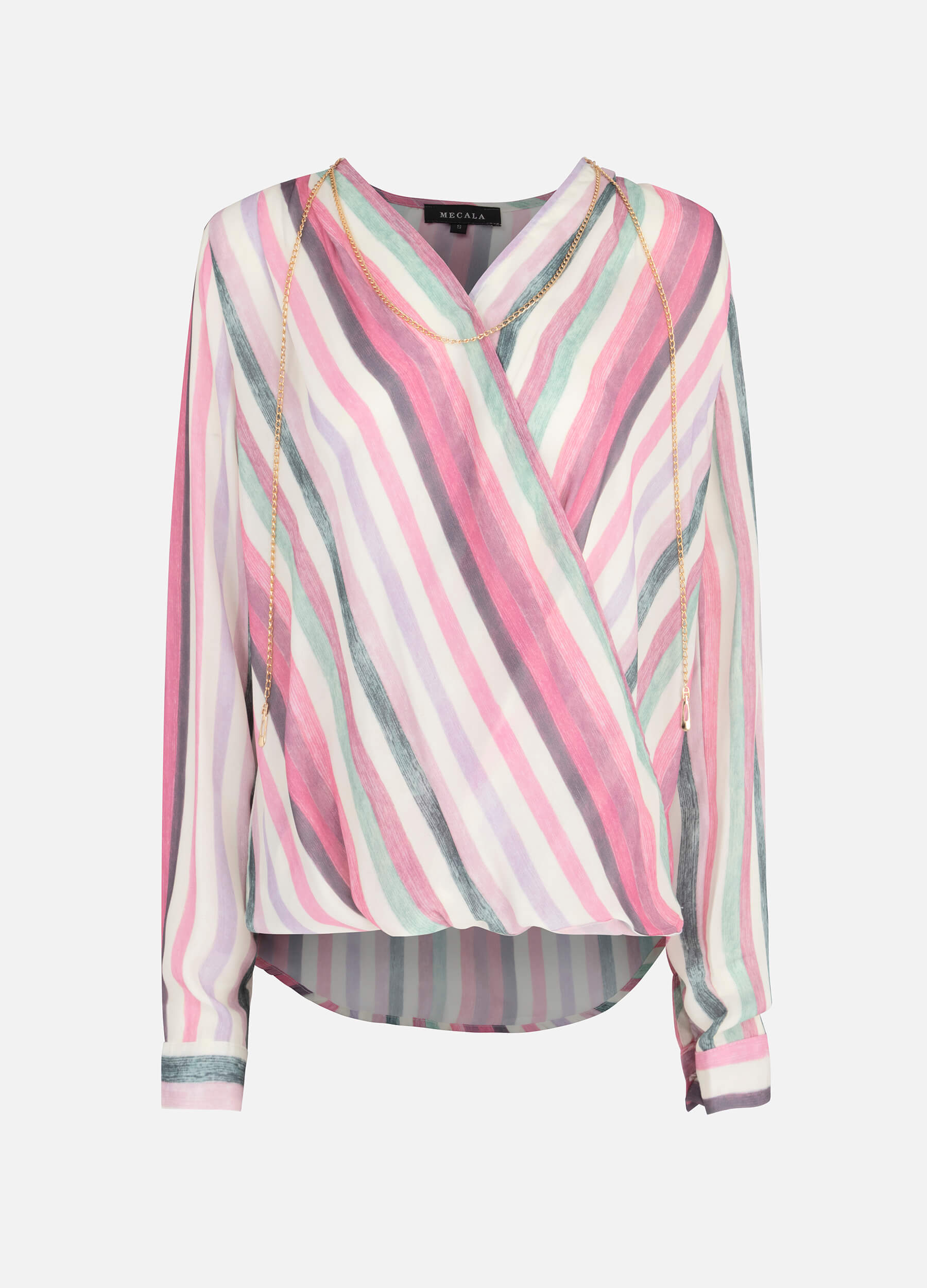 MECALA Women's Vertical Stripe Warp Long Sleeve Top With Necklace-Pink main view
