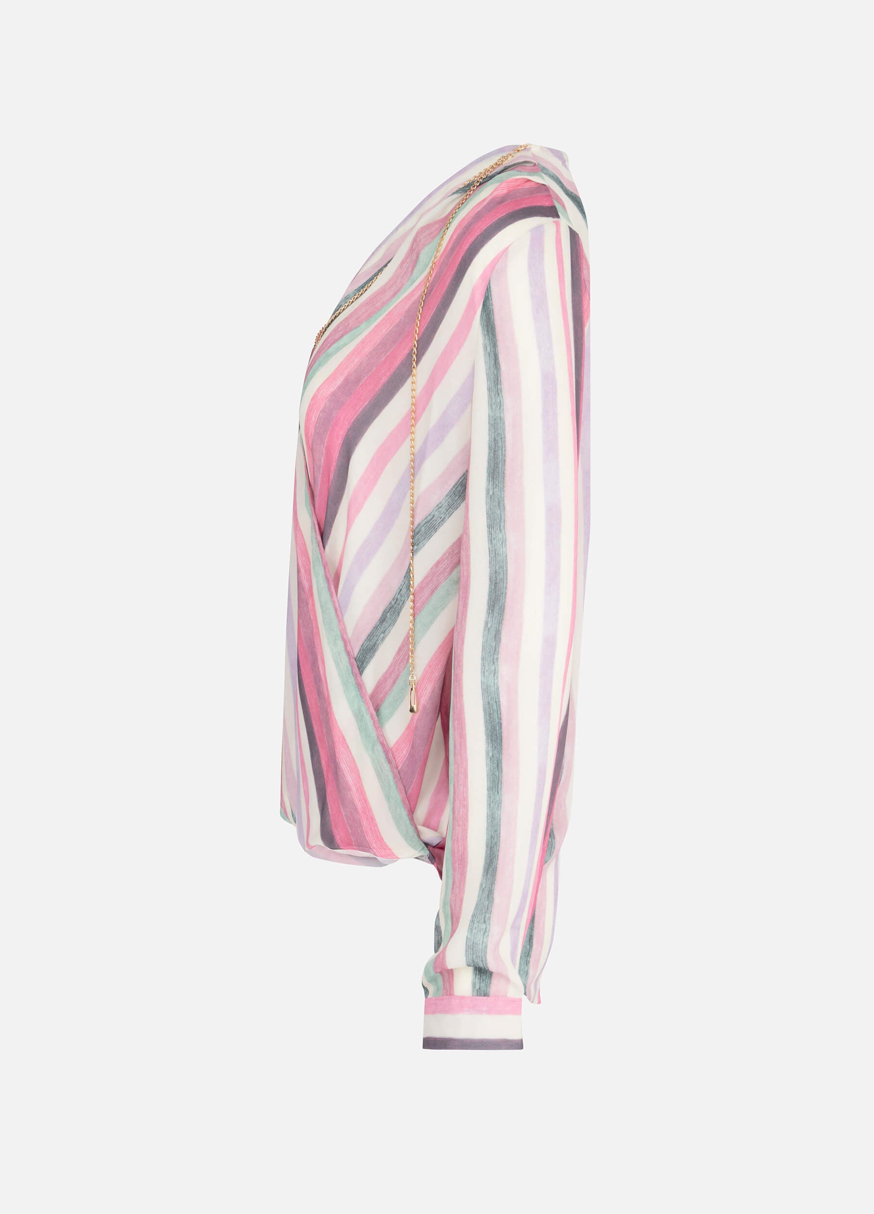 MECALA Women's Vertical Stripe Warp Long Sleeve Top With Necklace-Pink side view