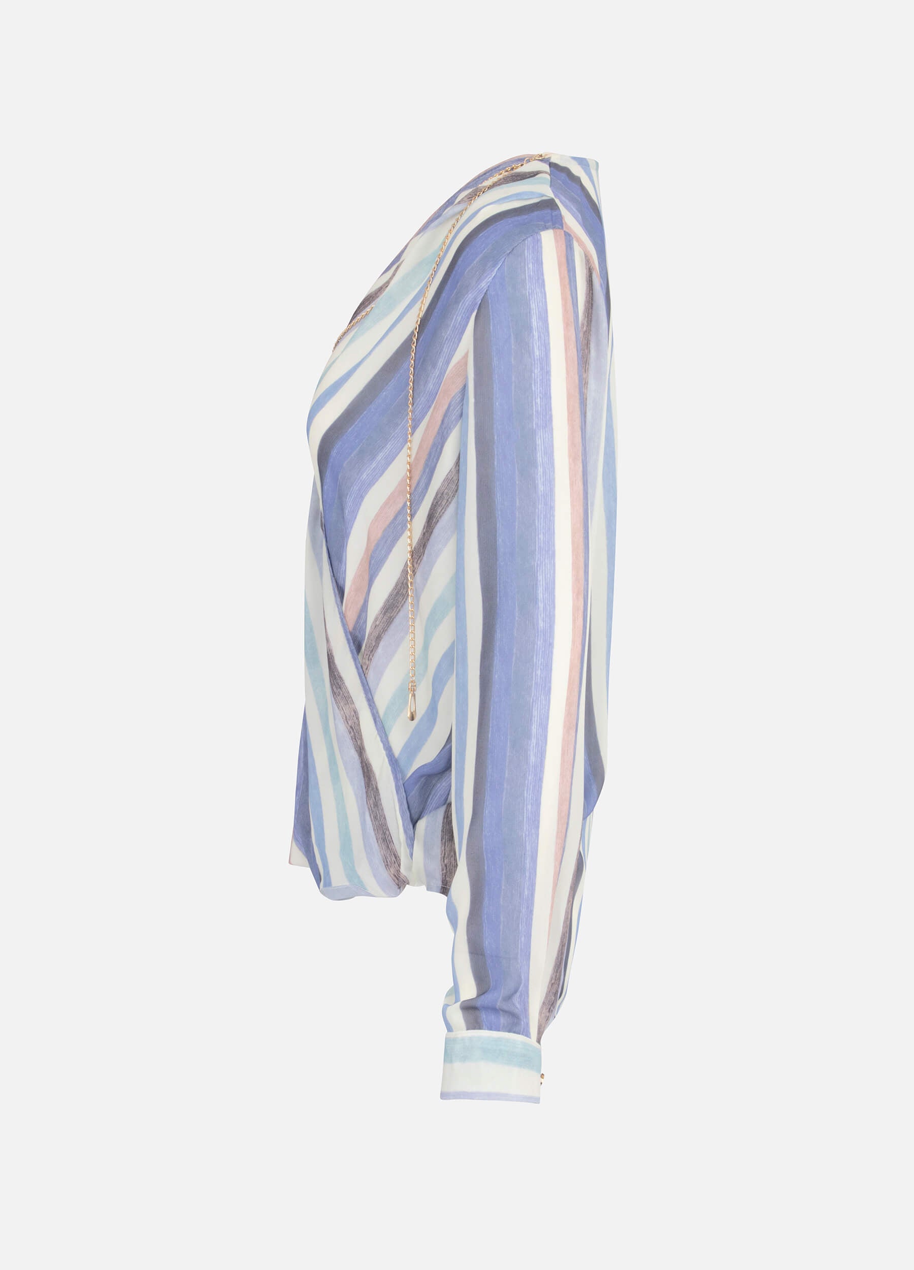 MECALA Women's Vertical Stripe Warp Long Sleeve Top With Necklace-Purple side view