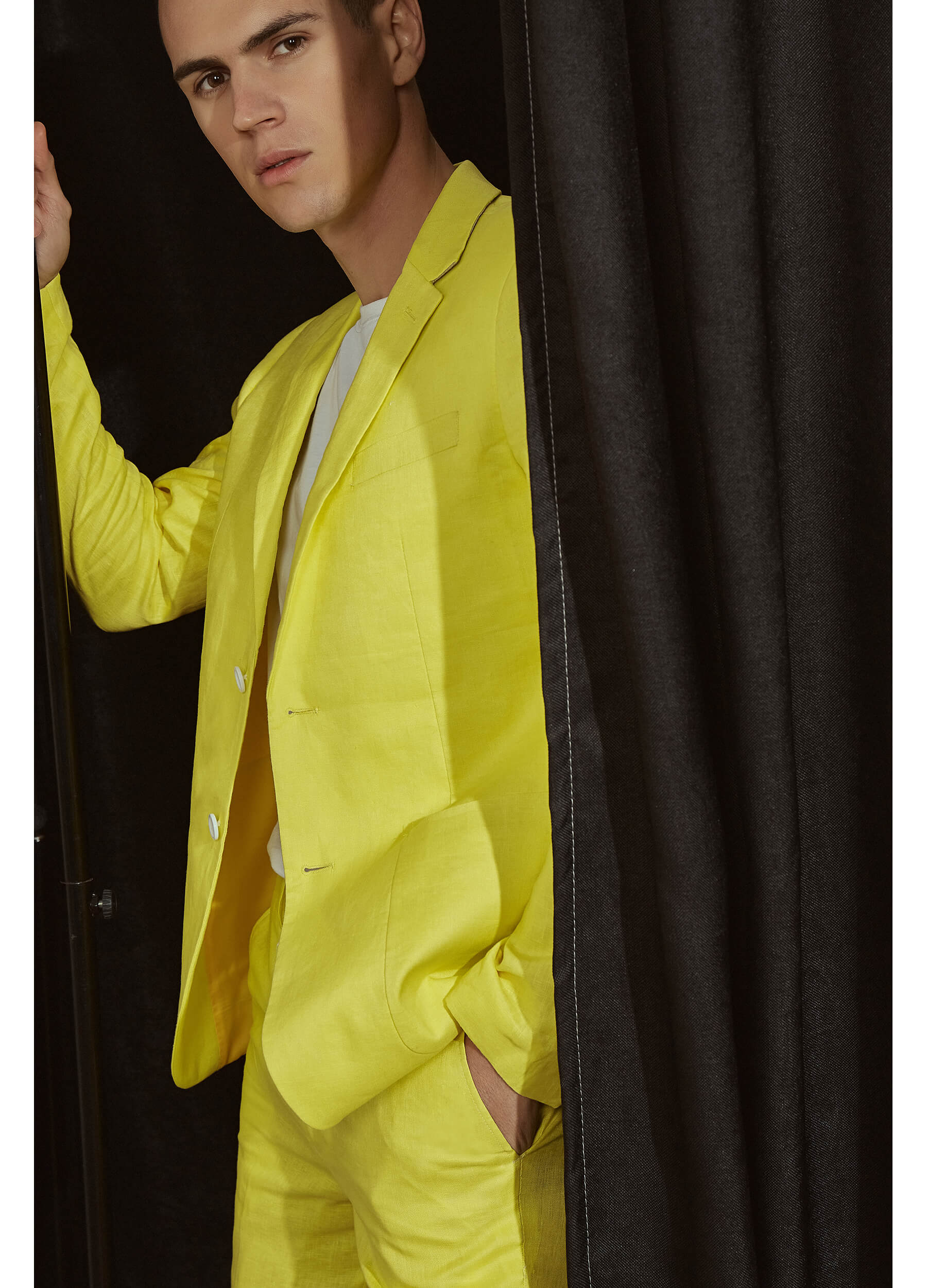 men yellow linen suit