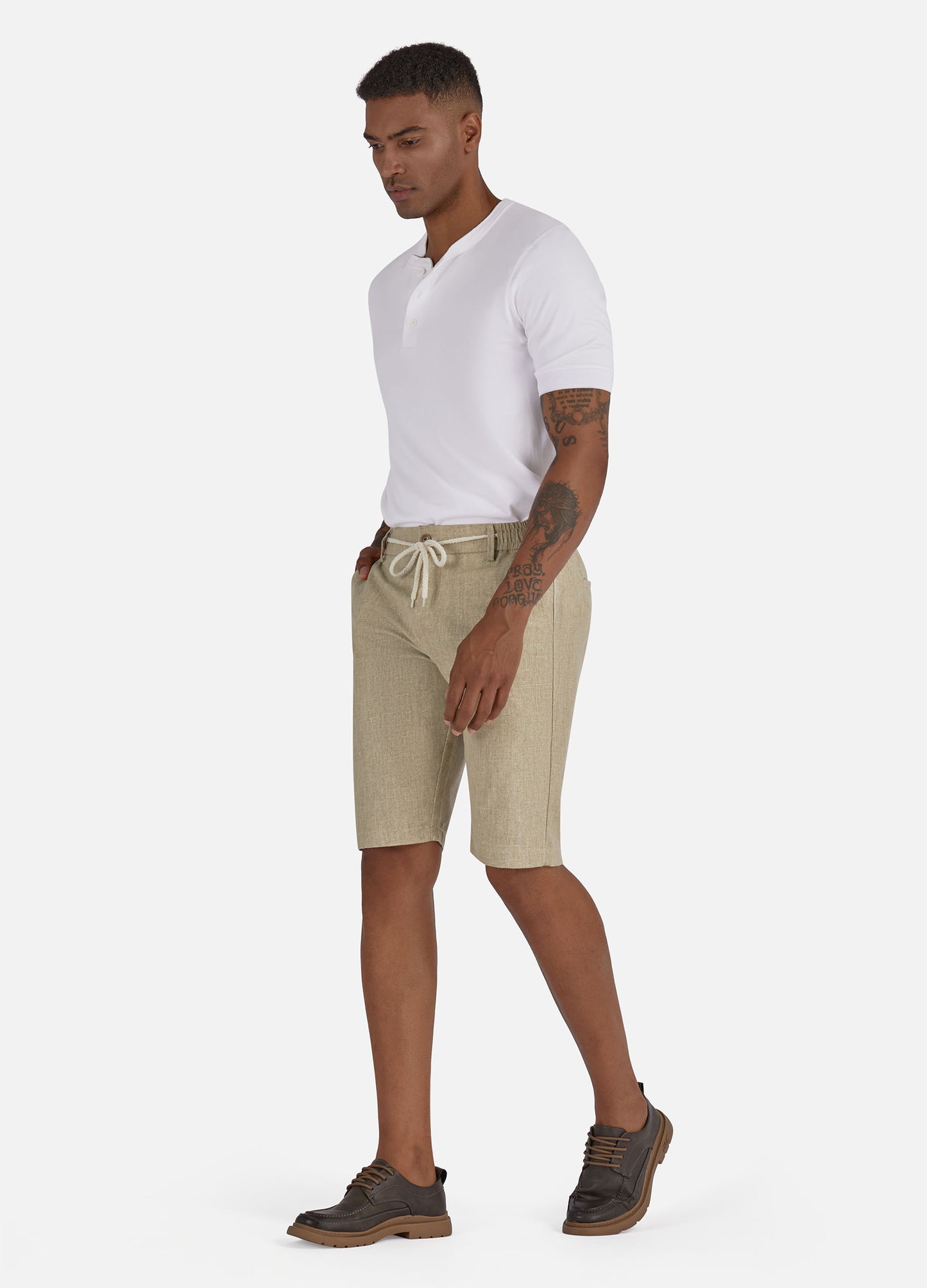 1PA1 Men's Cotton Linen Flat Front Shorts Drawstring Elastic Waist Beach Shorts