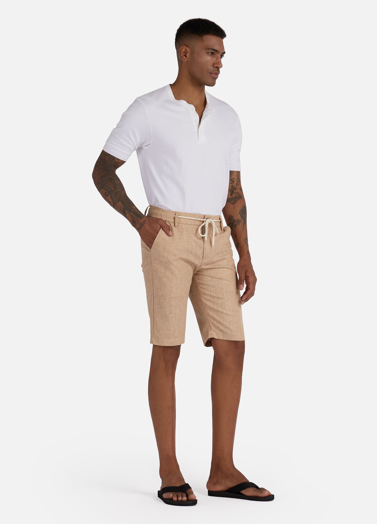 1PA1 Men's Cotton Linen Flat Front Shorts Drawstring Elastic Waist Beach Shorts