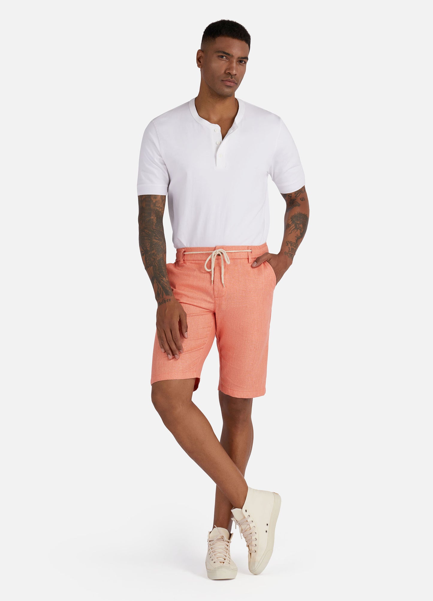1PA1 Men's Cotton Linen Flat Front Shorts Drawstring Elastic Waist Beach Shorts