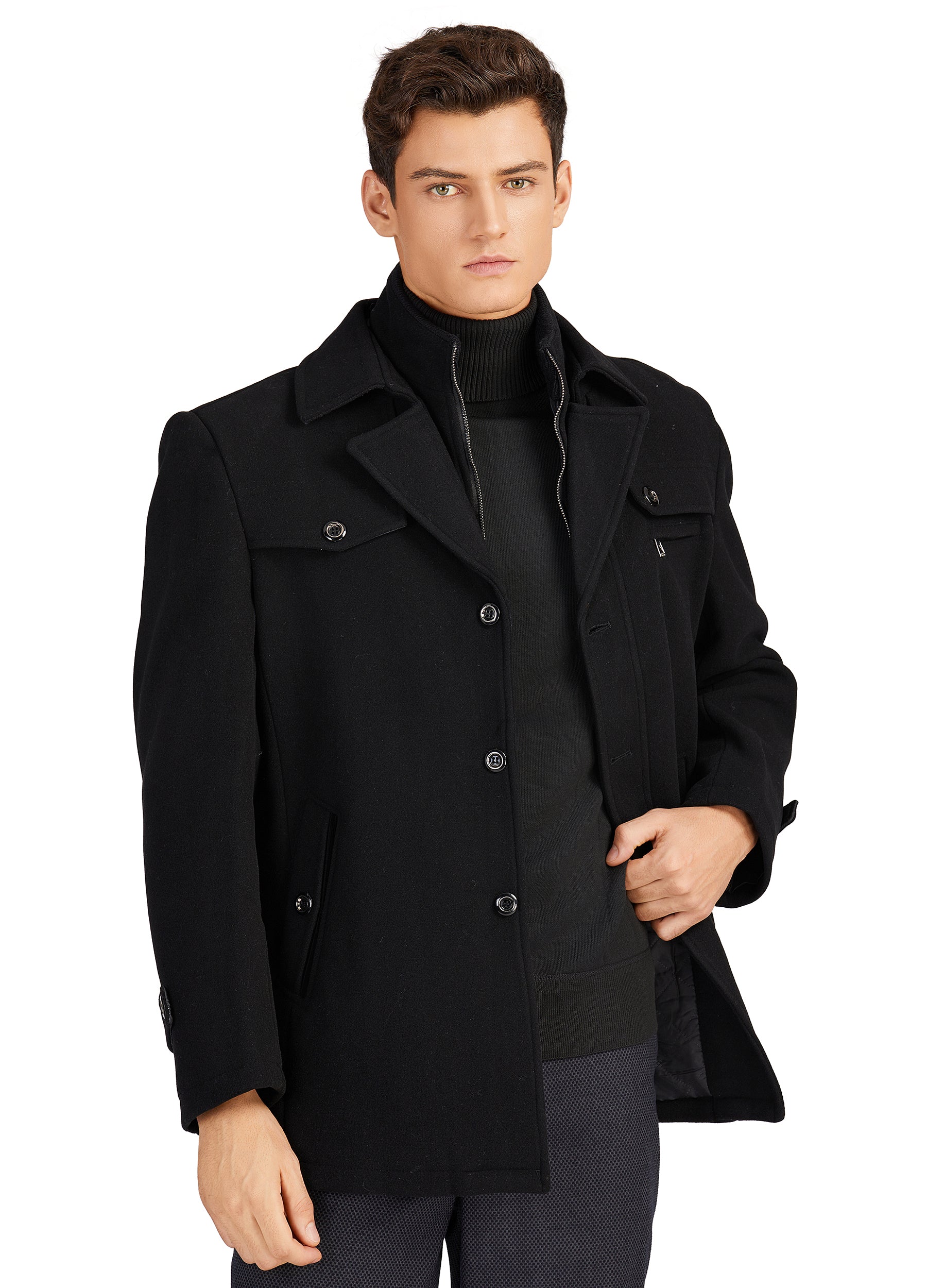 1PA1 Men's Wool Blend Pea Coat Single Breasted Winter Jacket with Removalble Scarf