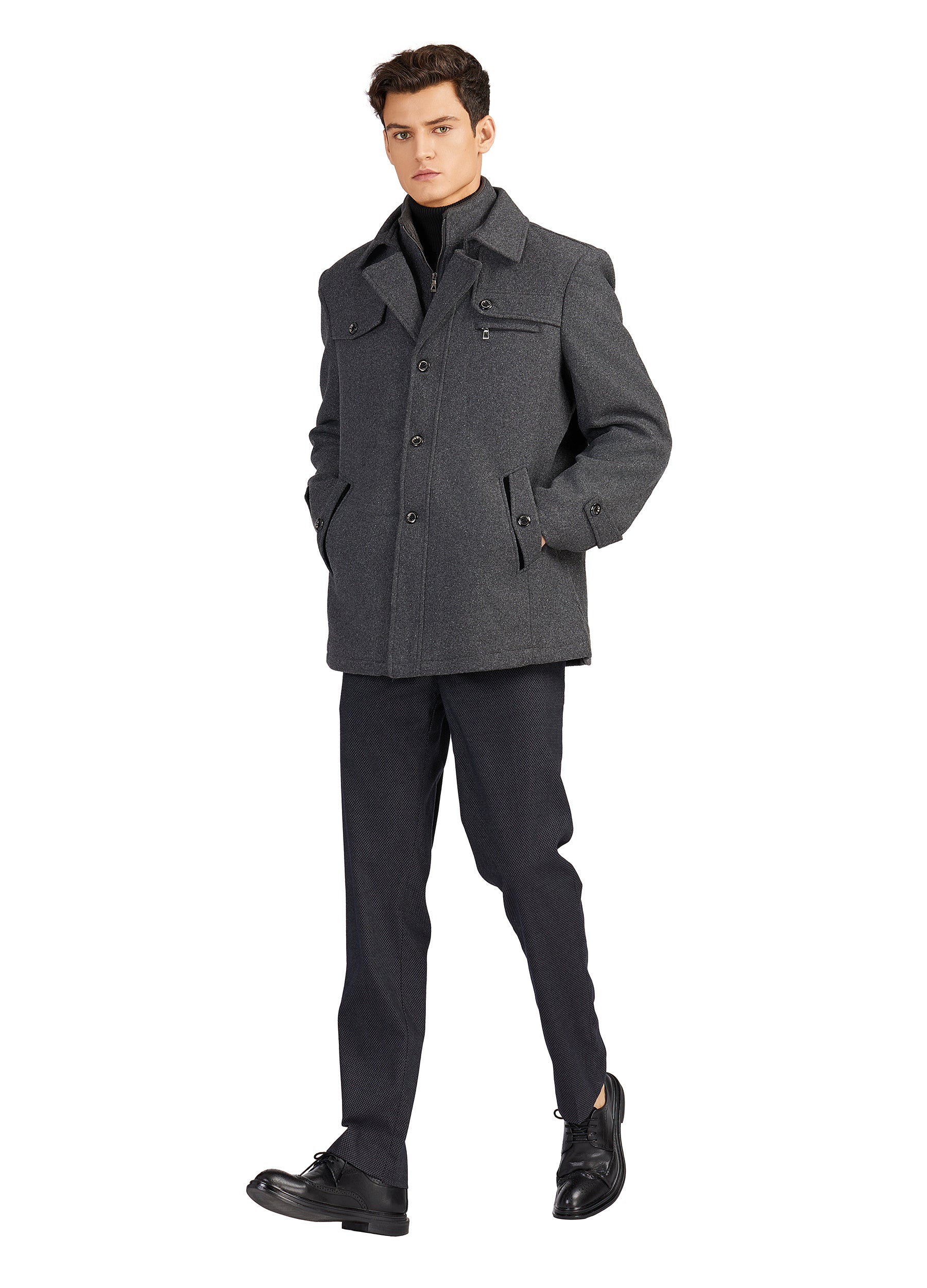 1PA1 Men's Wool Blend Pea Coat Single Breasted Winter Jacket with Removalble Scarf