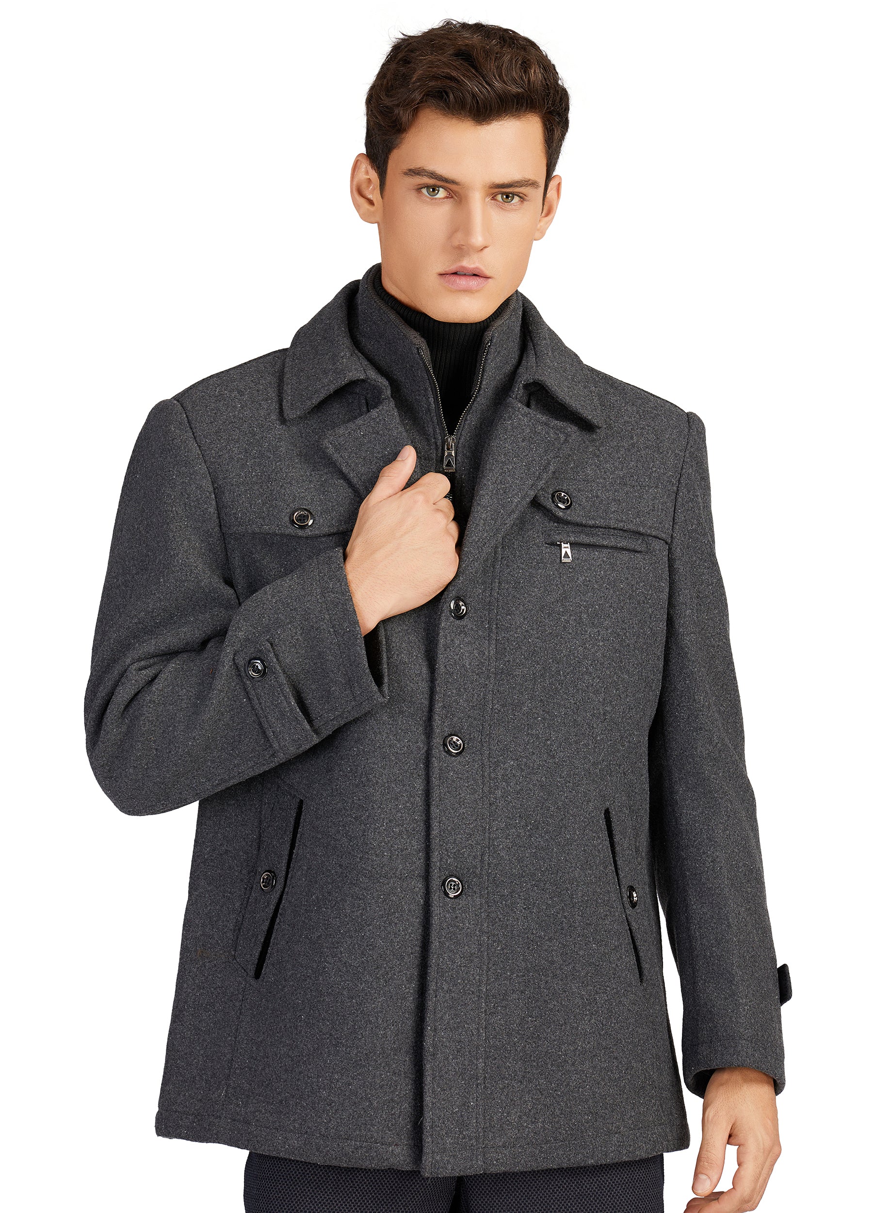 1PA1 Men's Wool Blend Pea Coat Single Breasted Winter Jacket with Removalble Scarf