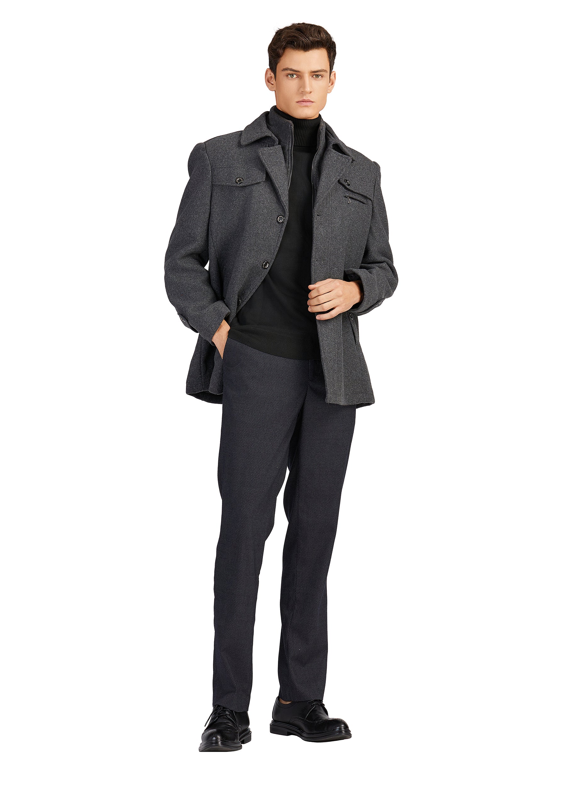 1PA1 Men's Wool Blend Pea Coat Single Breasted Winter Jacket with Removalble Scarf