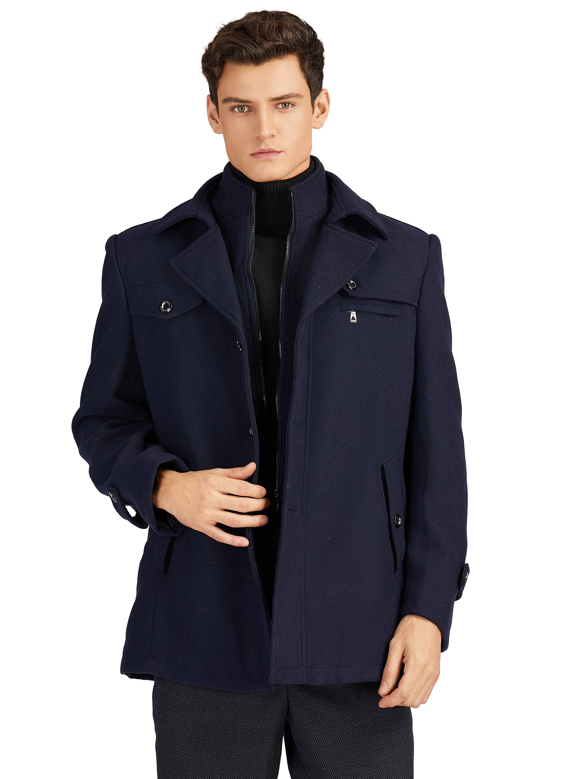 1PA1 Men's Wool Blend Pea Coat Single Breasted Winter Jacket with Removalble Scarf