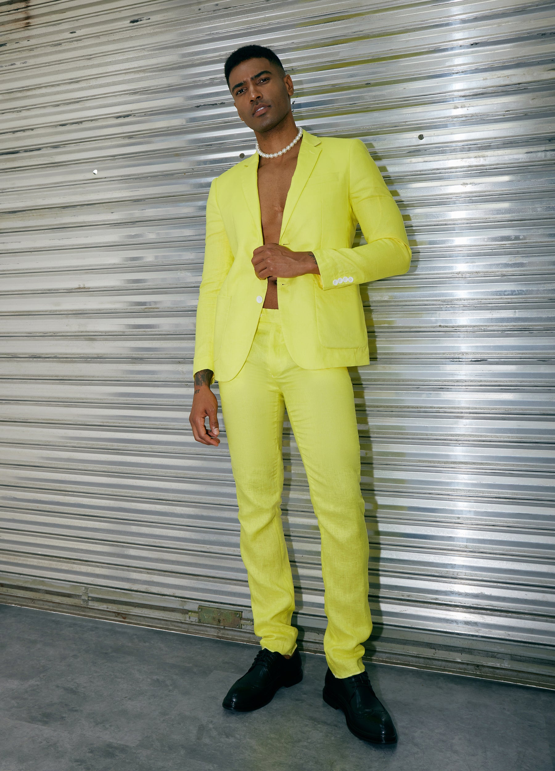 1PA1 Men's 100% Linen Yellow Jacket Trousers 2-Pieces Suit Set