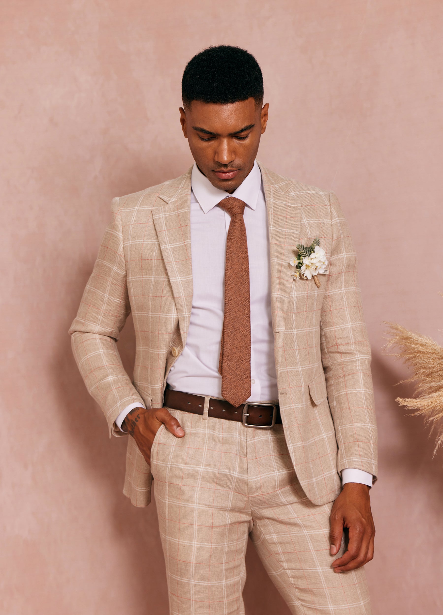 1PA1 Men's 100% Linen Suits Two-Button Plaid Blazer Suits
