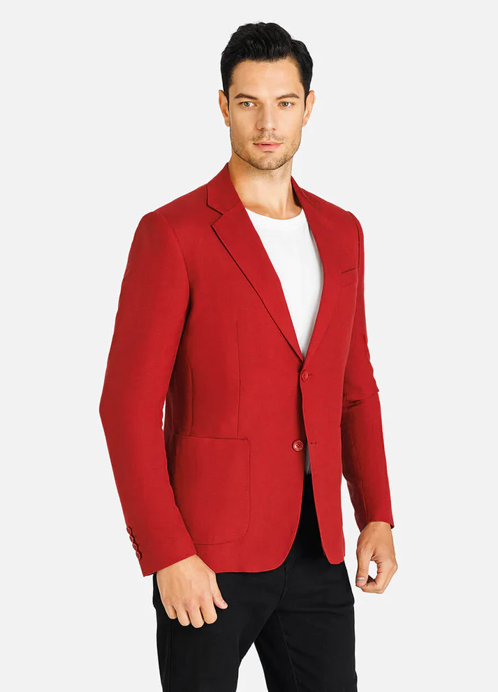 1PA1 Men's Linen Blend Lapel Two-Button Red Blazer