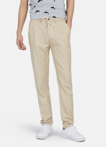 1PA1 Men's Cotton Linen Drawstring Zipper Fly Pants Slim Fit Casual Trousers