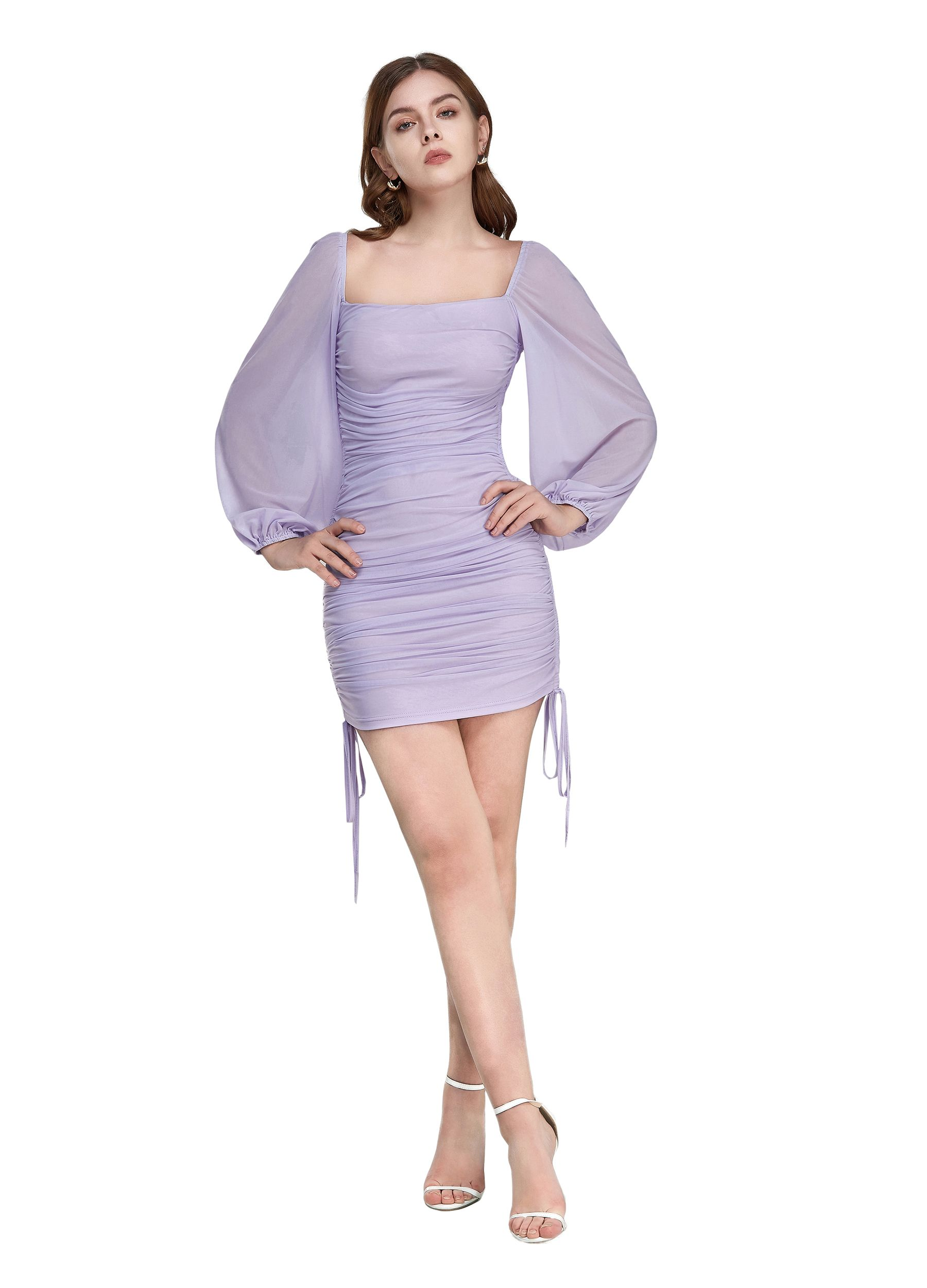 MECALA Women's Square Neckline Long Sleeve Mini Party Dress Tight Cute Bodycon