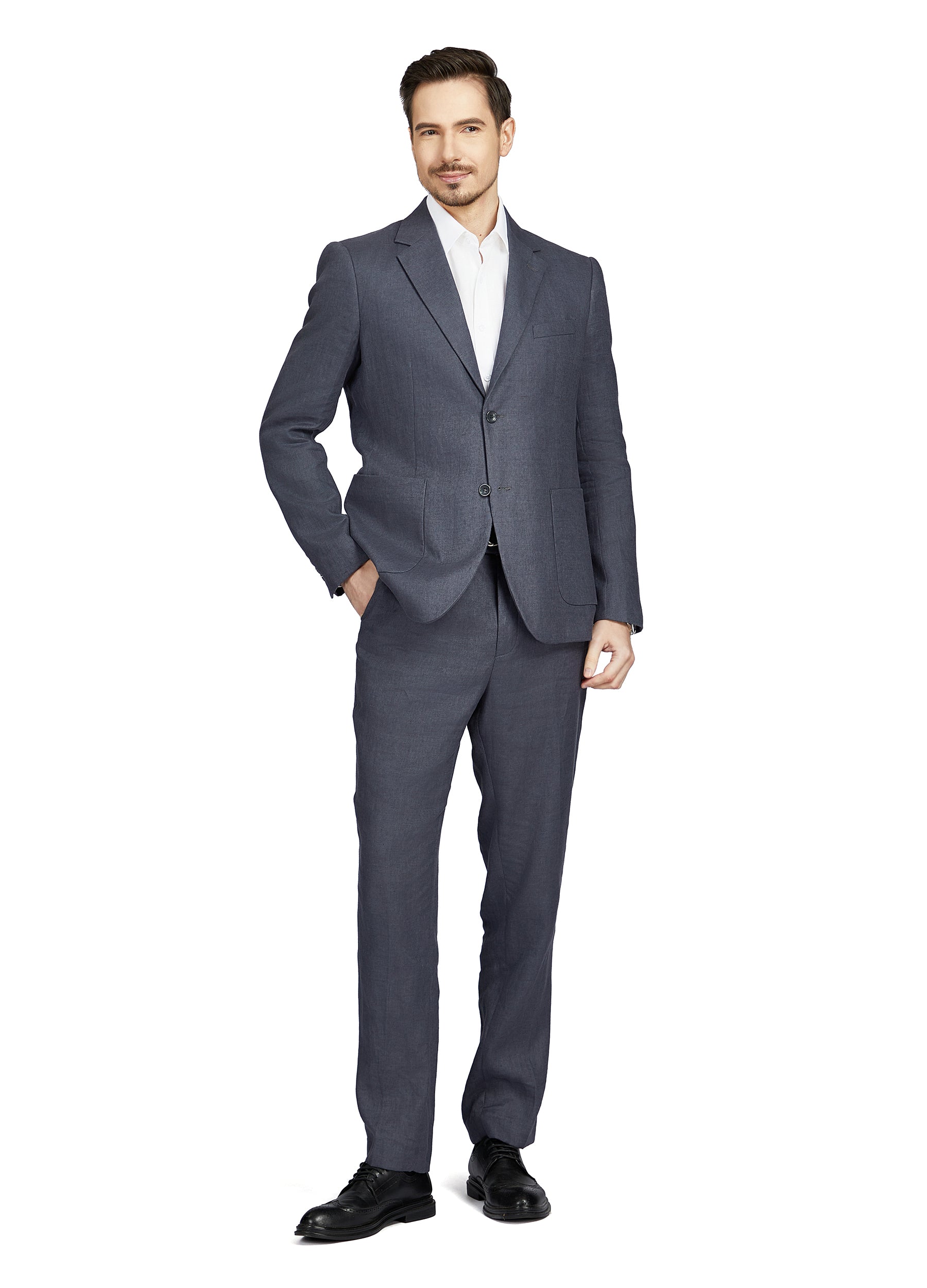 1PA1 Men's 100% Linen Slim Fit Two Buttons Jacket Trousers 2-Pieces Suit Set