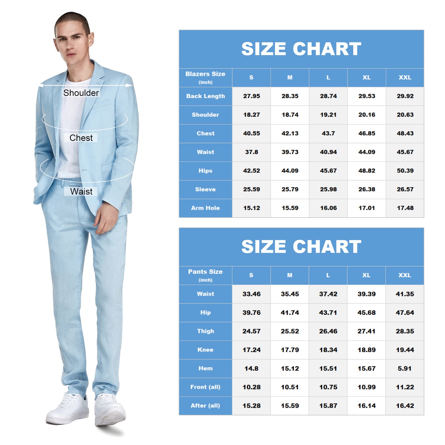 1PA1 Men's Linen Light Blue Jacket Trousers 2-Pieces Suit Set