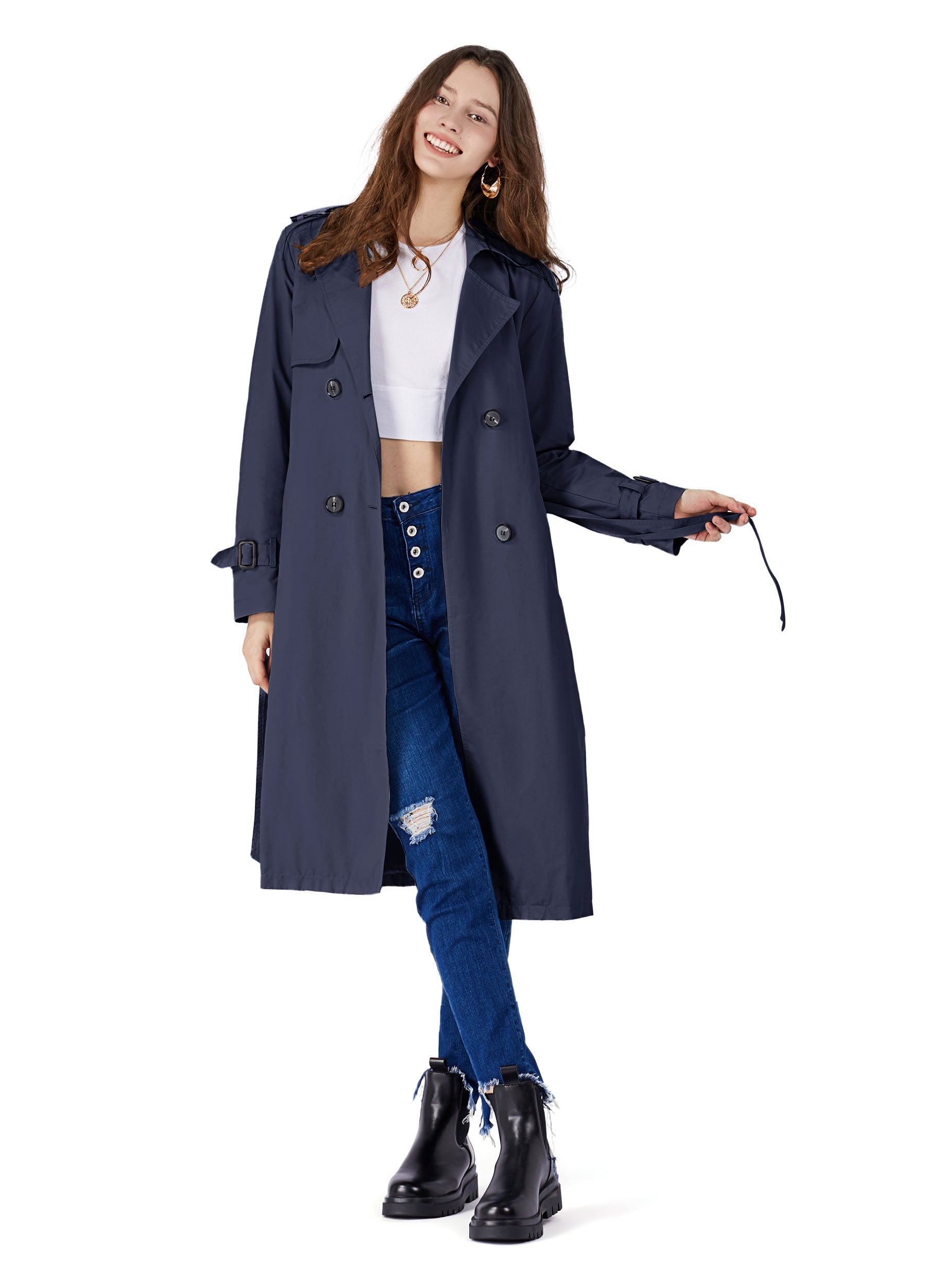 MECALA Women's Fall Long Trench Coat Double Breasted Windproof Overcoat