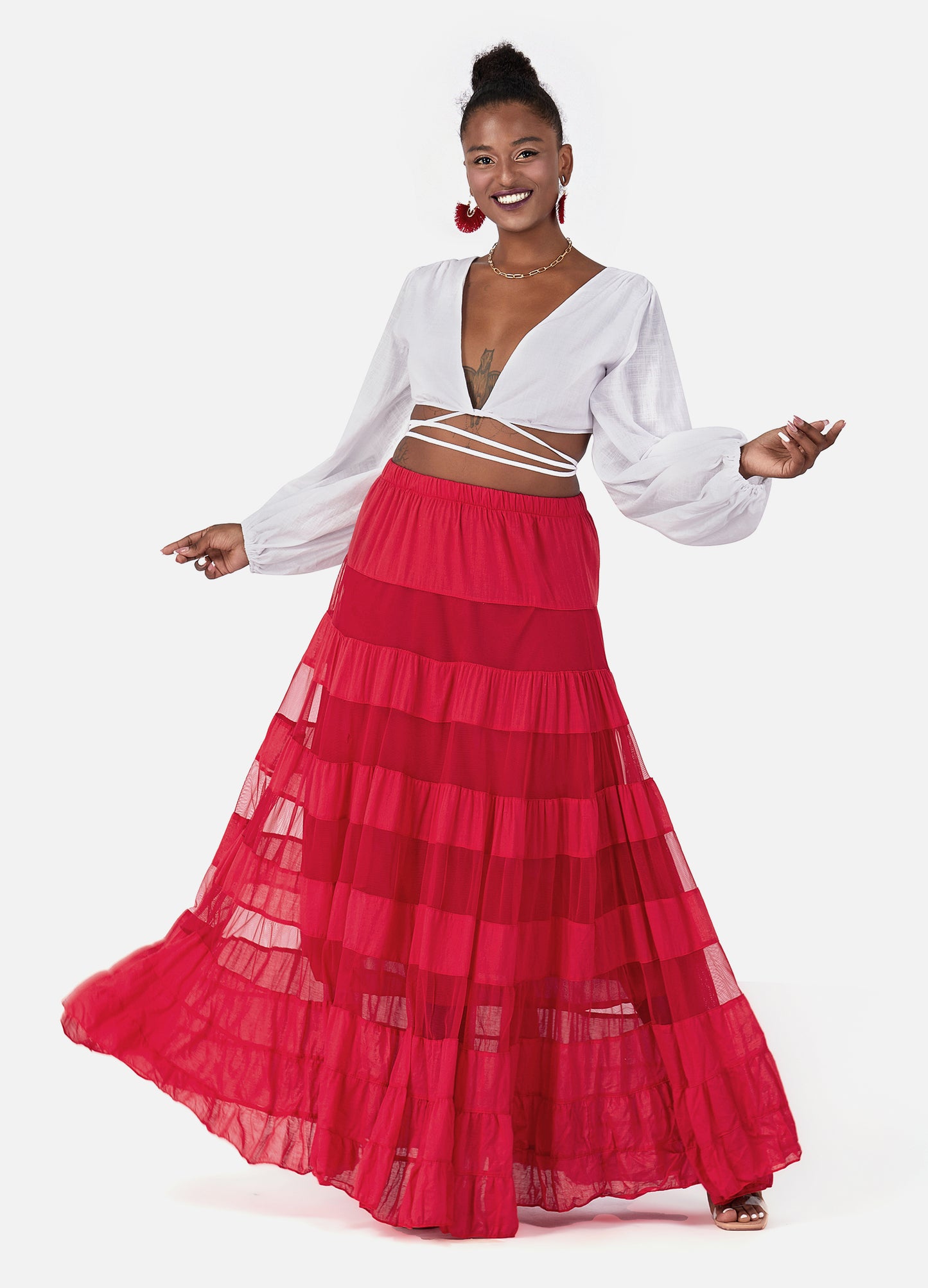 MECALA Women's Bohemian Elastic Waist Tiered Maxi Skirt