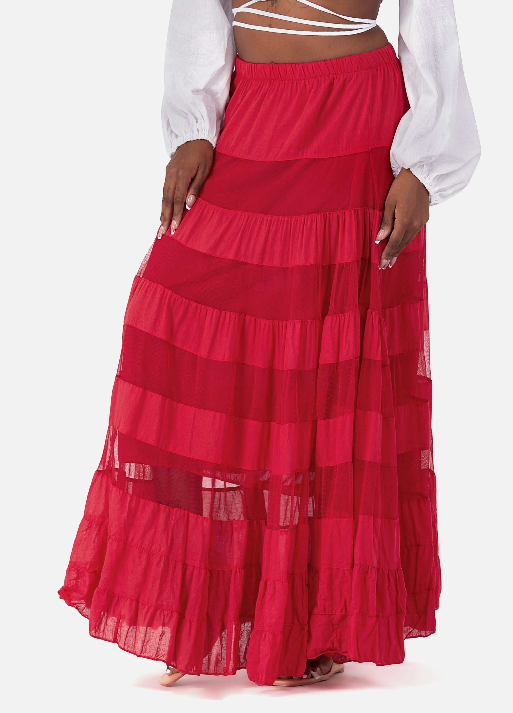 MECALA Women's Tiered Maxi Gypsy Skirt Bohemian Elastic Waist