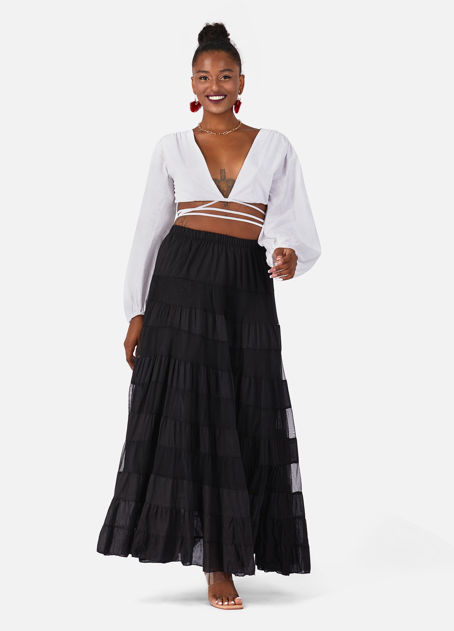 MECALA Women's Bohemian Elastic Waist Tiered Maxi Skirt