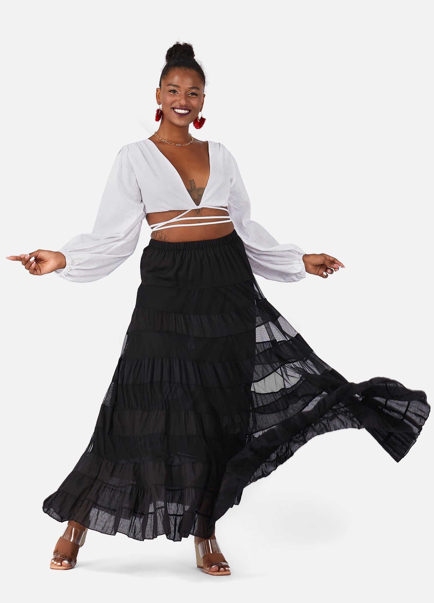 MECALA Women's Bohemian Elastic Waist Tiered Maxi Skirt